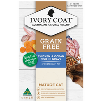 Ivory Coat Grain Free Chicken and Ocean Fish in Gravy mature cat food, front of the 12 x 85g carton