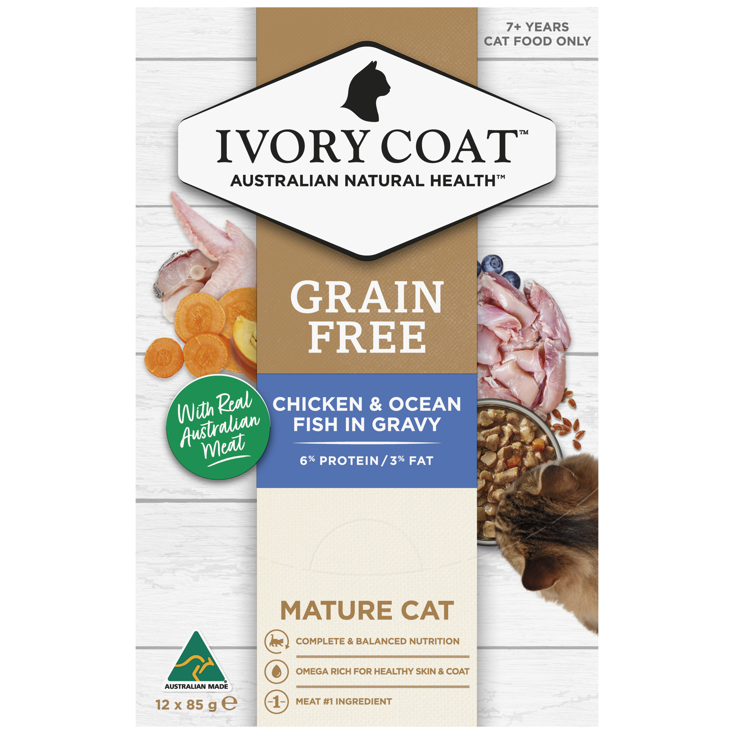 Ivory Coat Grain Free Mature Adult Wet Cat Food Chicken & Ocean Fish in Gravy front of pack