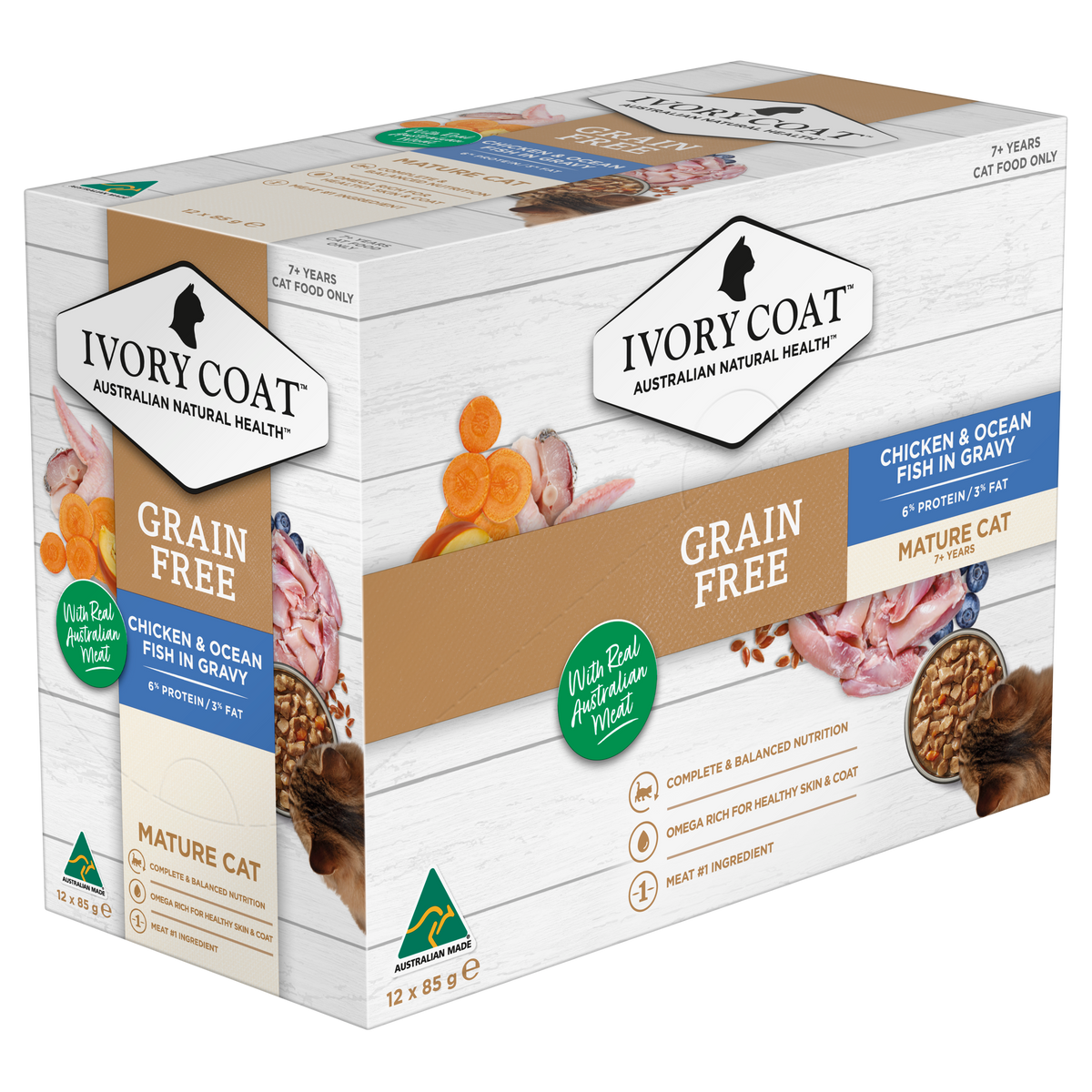 Ivory Coat Chicken and Ocean Fish in Gravy mature cat cartons showing front and side panels