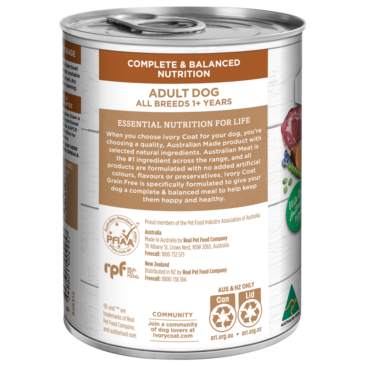 Back of the Ivory Coat Grain Free Lamb and Kangaroo Stew 400g can