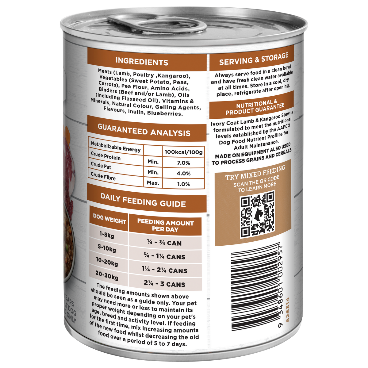 Ivory Coat Grain Free Lamb and Kangaroo Stew can label, ingredients and feeding side