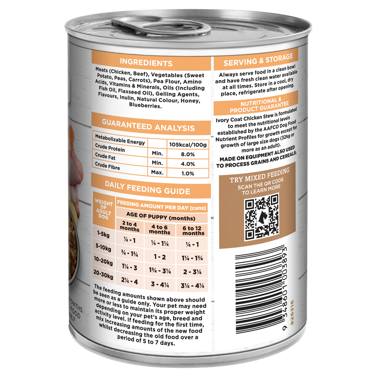 Ivory Coat Grain Free Chicken Stew puppy can label, ingredients and feeding side