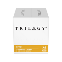 Trilogy Kitten Farm Raised Chicken in Rich Bone Broth, outer carton of 24 cans, front