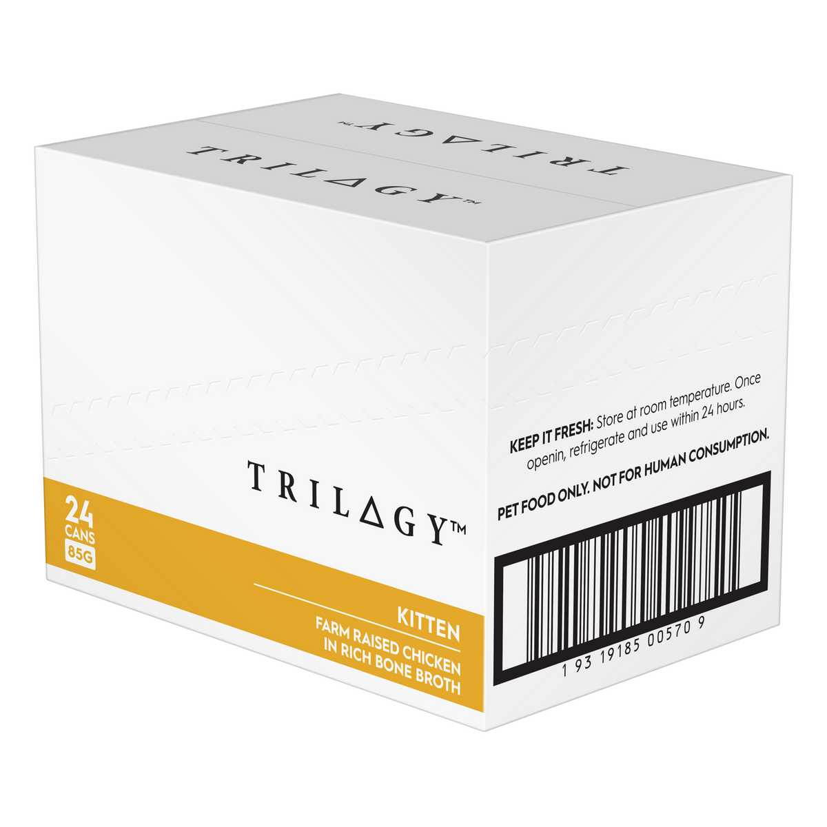 Trilogy Kitten Chicken in Rich Bone Broth carton side panel with barcode