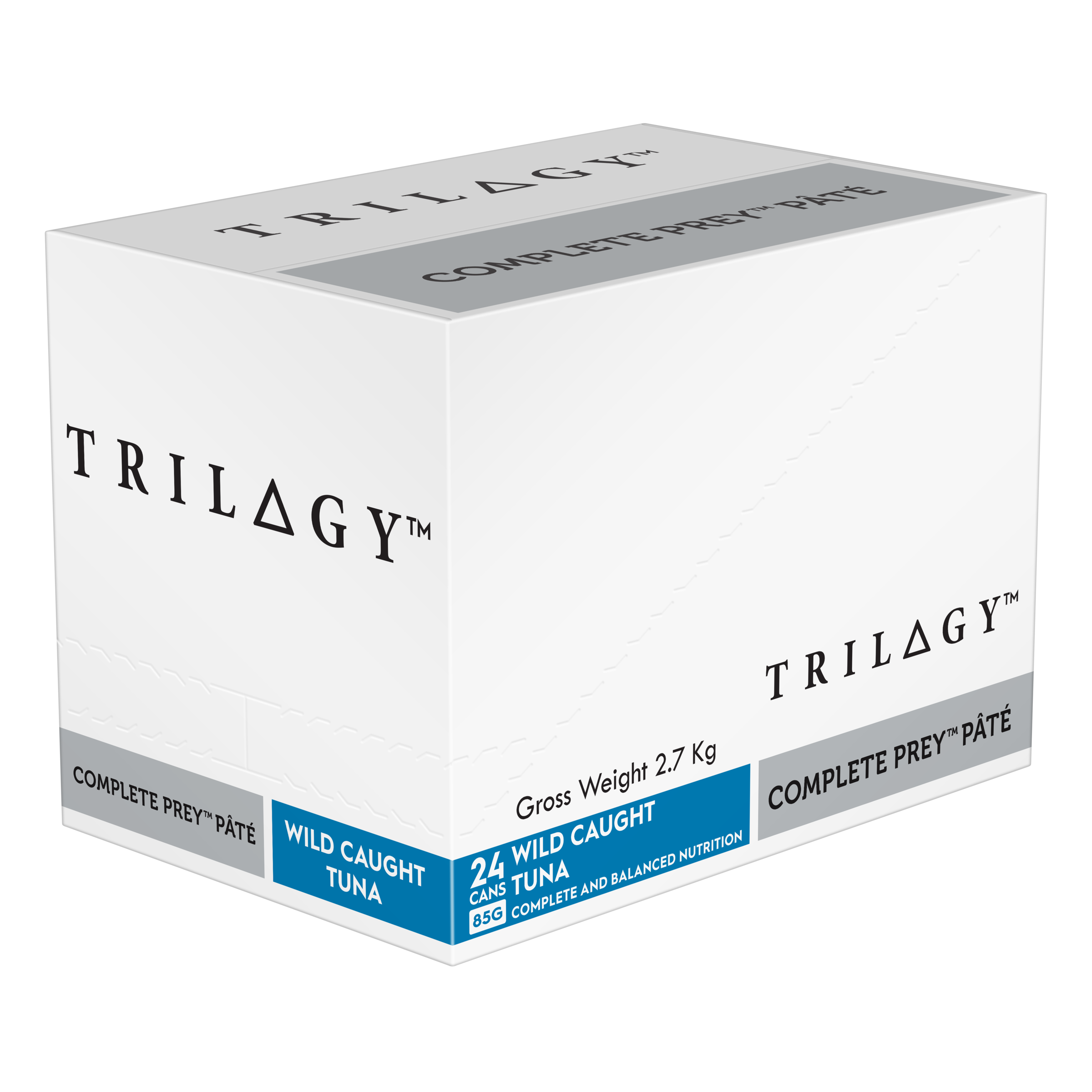 Trilogy Wet Adult Cat Food Complete Prey Pate - Wild Caught Tuna left side of pack
