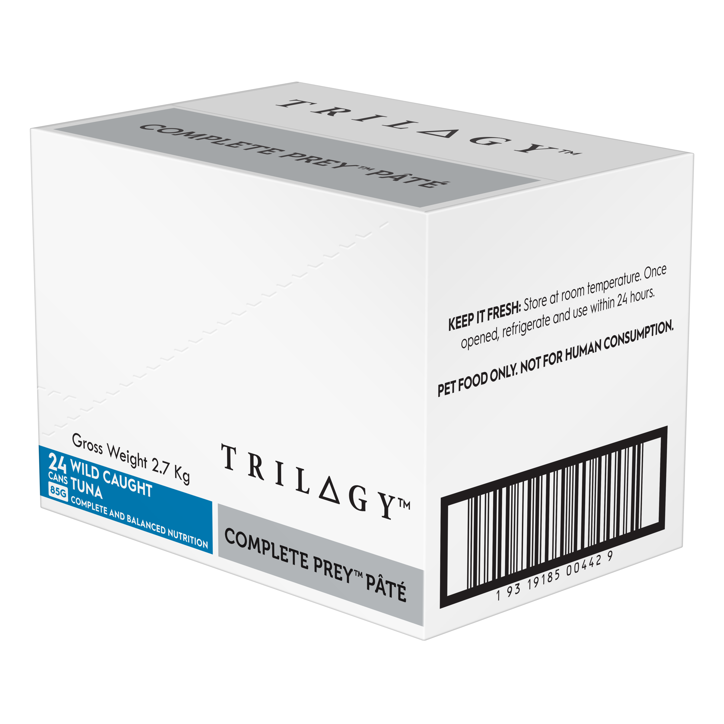 Trilogy Wet Adult Cat Food Complete Prey Pate - Wild Caught Tuna right side of pack