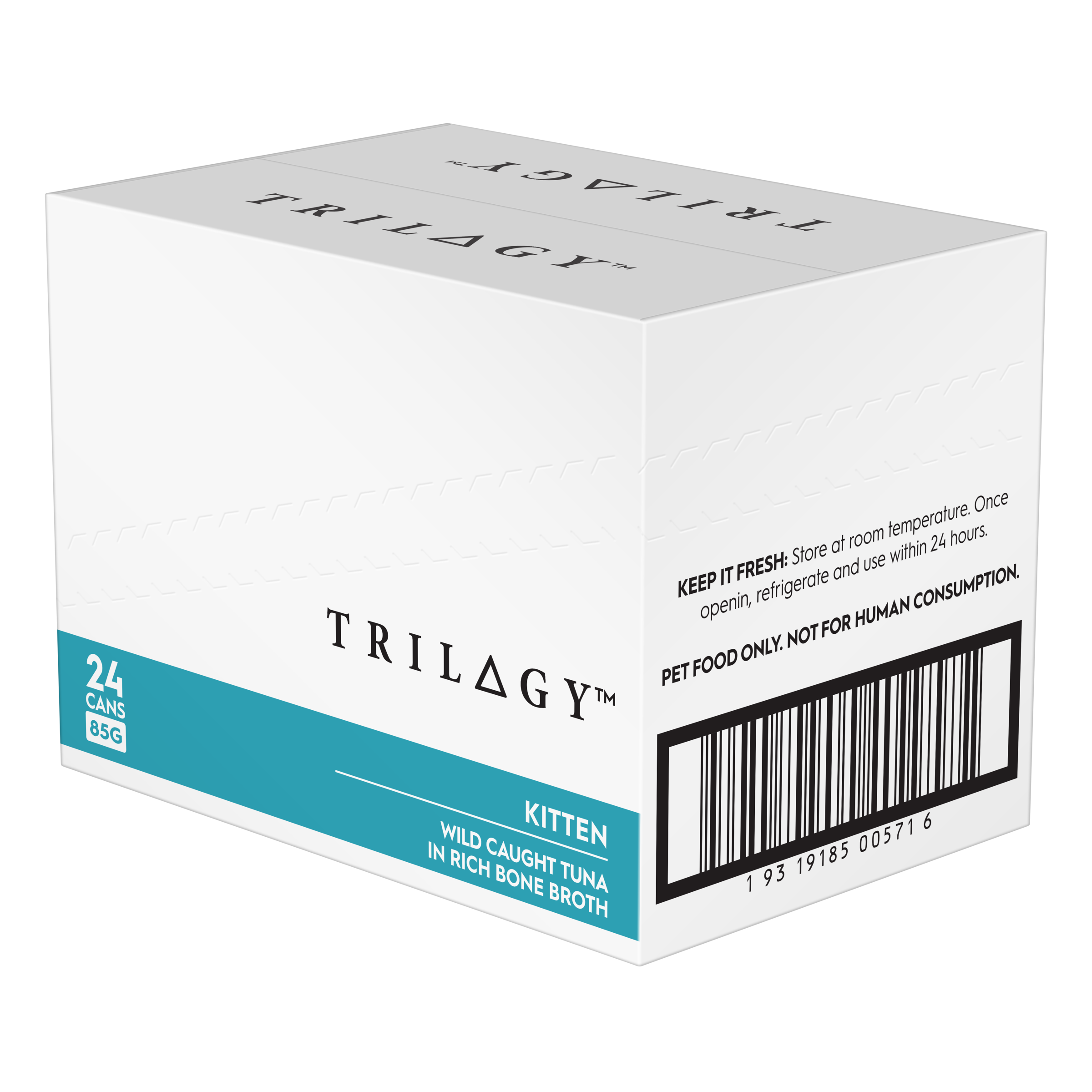 Trilogy Kitten Tuna in Rich Bone Broth carton side panel with barcode