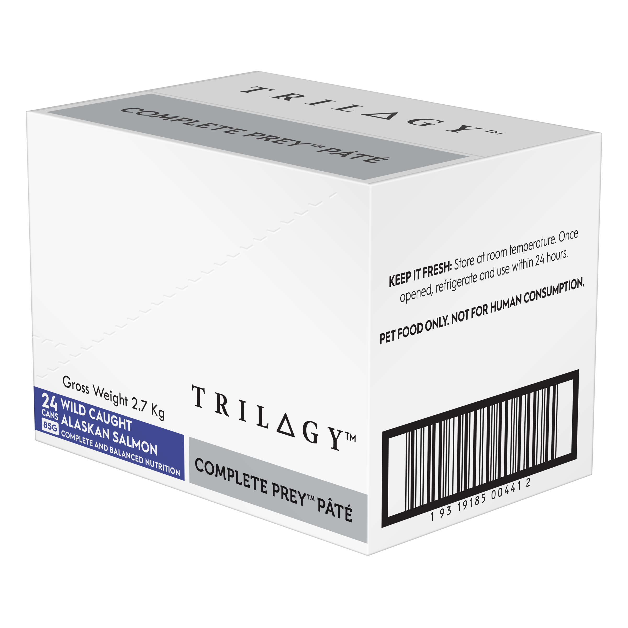Trilogy Wet Adult Cat Food Complete Prey Pate - Wild Caught Alaskan Salmon right side of pack