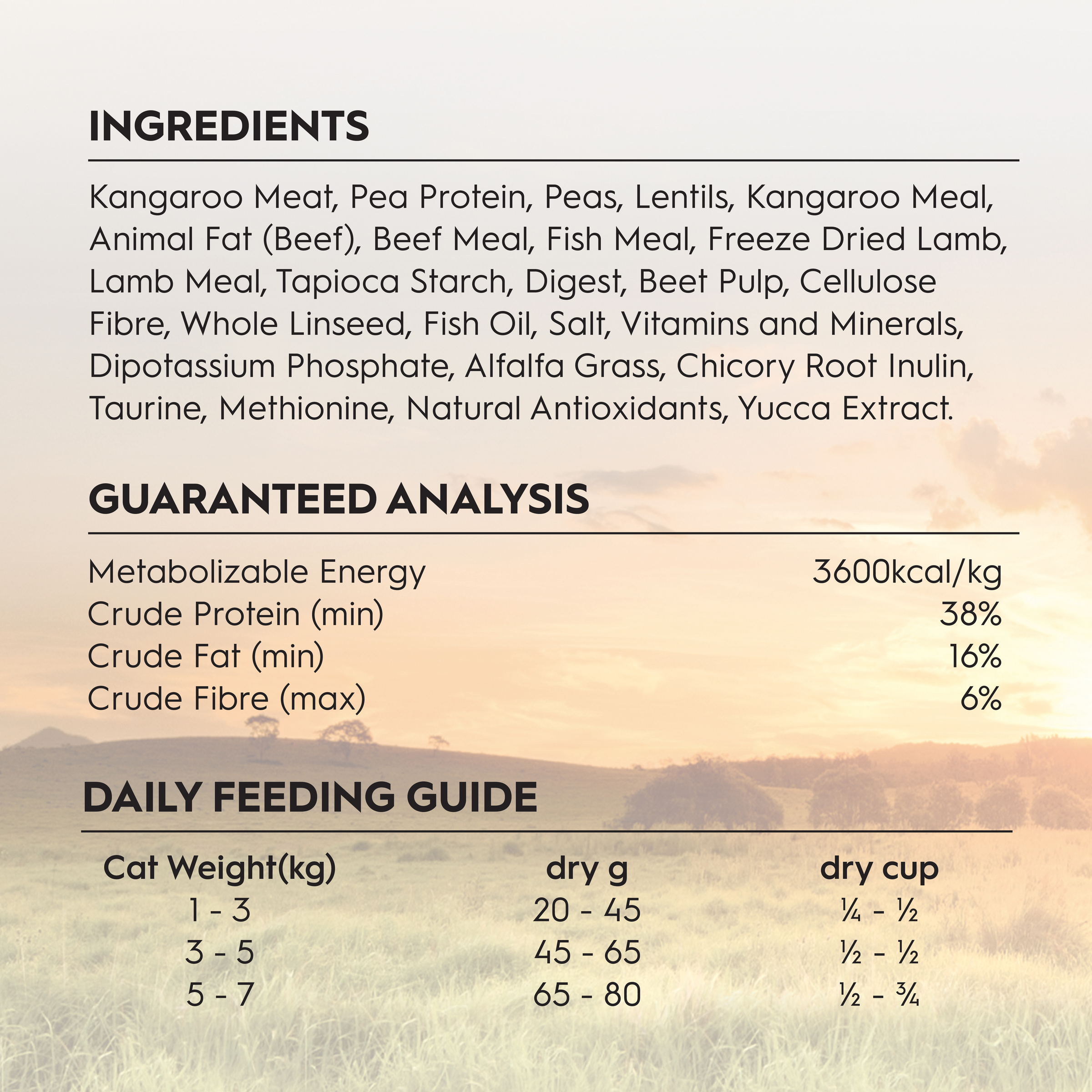Trilogy Kangaroo ingredients, guaranteed analysis and daily feeding guide panel