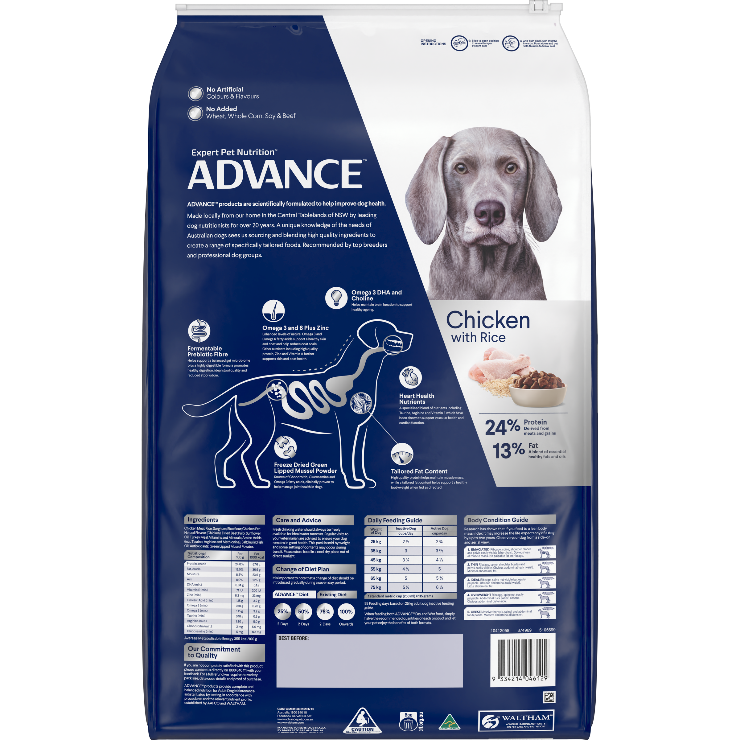 Back of the ADVANCE Healthy Ageing Large Breed Chicken with Rice bag