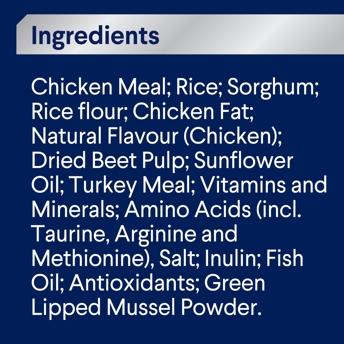 ADVANCE Healthy Ageing Large Breed Chicken with Rice ingredients panel