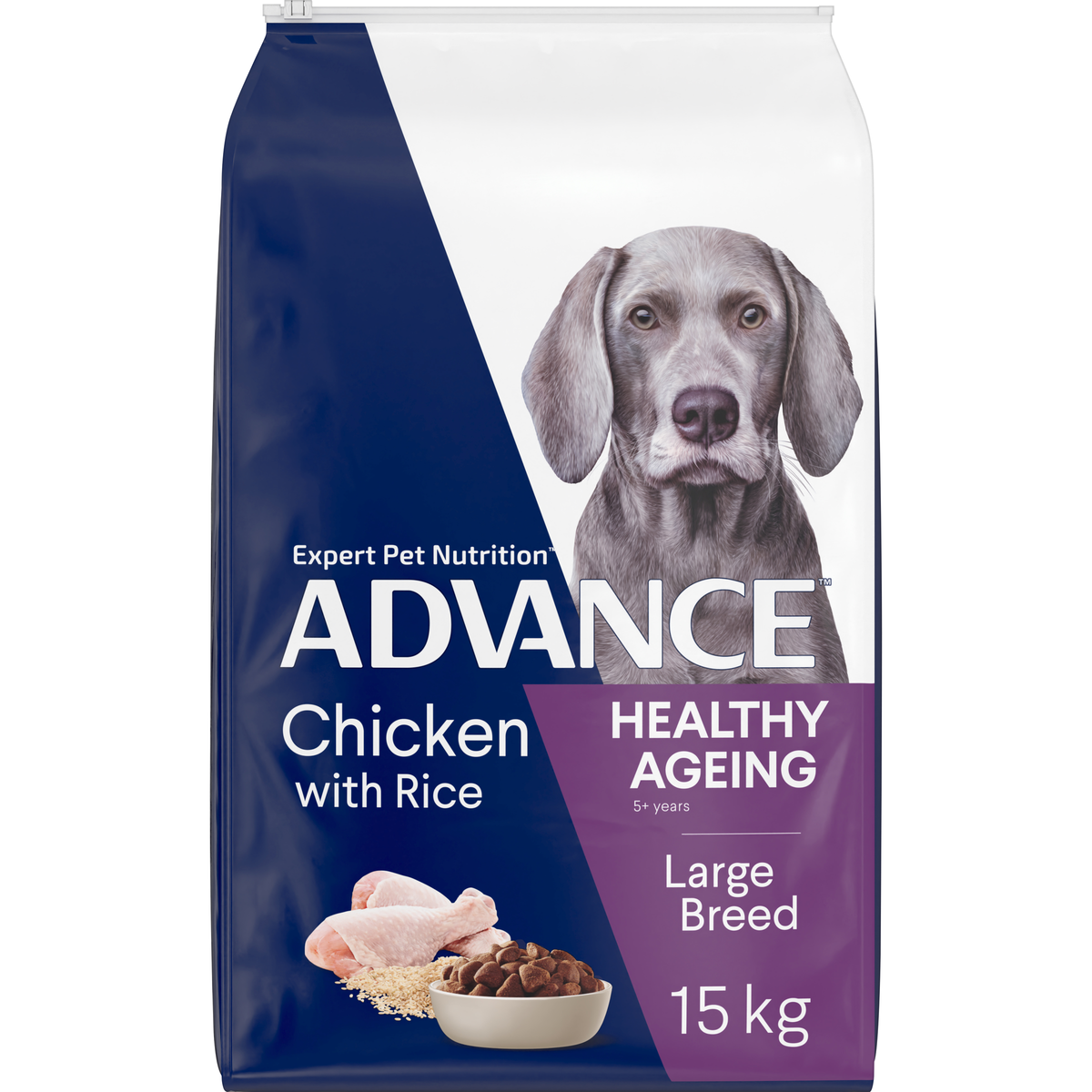 ADVANCE Healthy Ageing Large Breed Chicken with Rice 15kg bag, angled front view