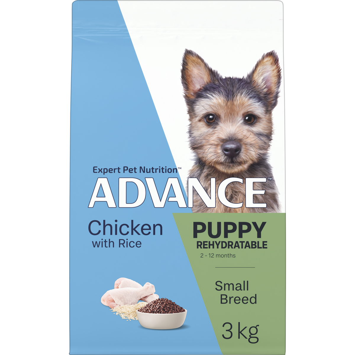 ADVANCE Puppy Rehydratable Small Breed Chicken with Rice 3kg bag, angled front view