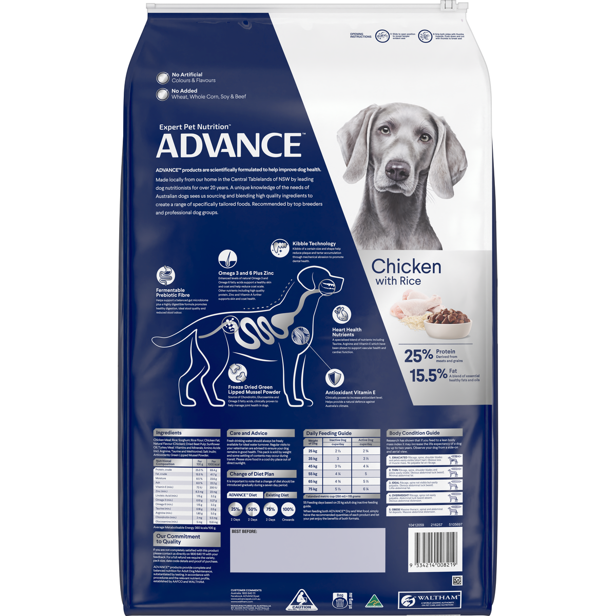 Back of the ADVANCE Adult Large Breed Chicken with Rice dry dog food bag