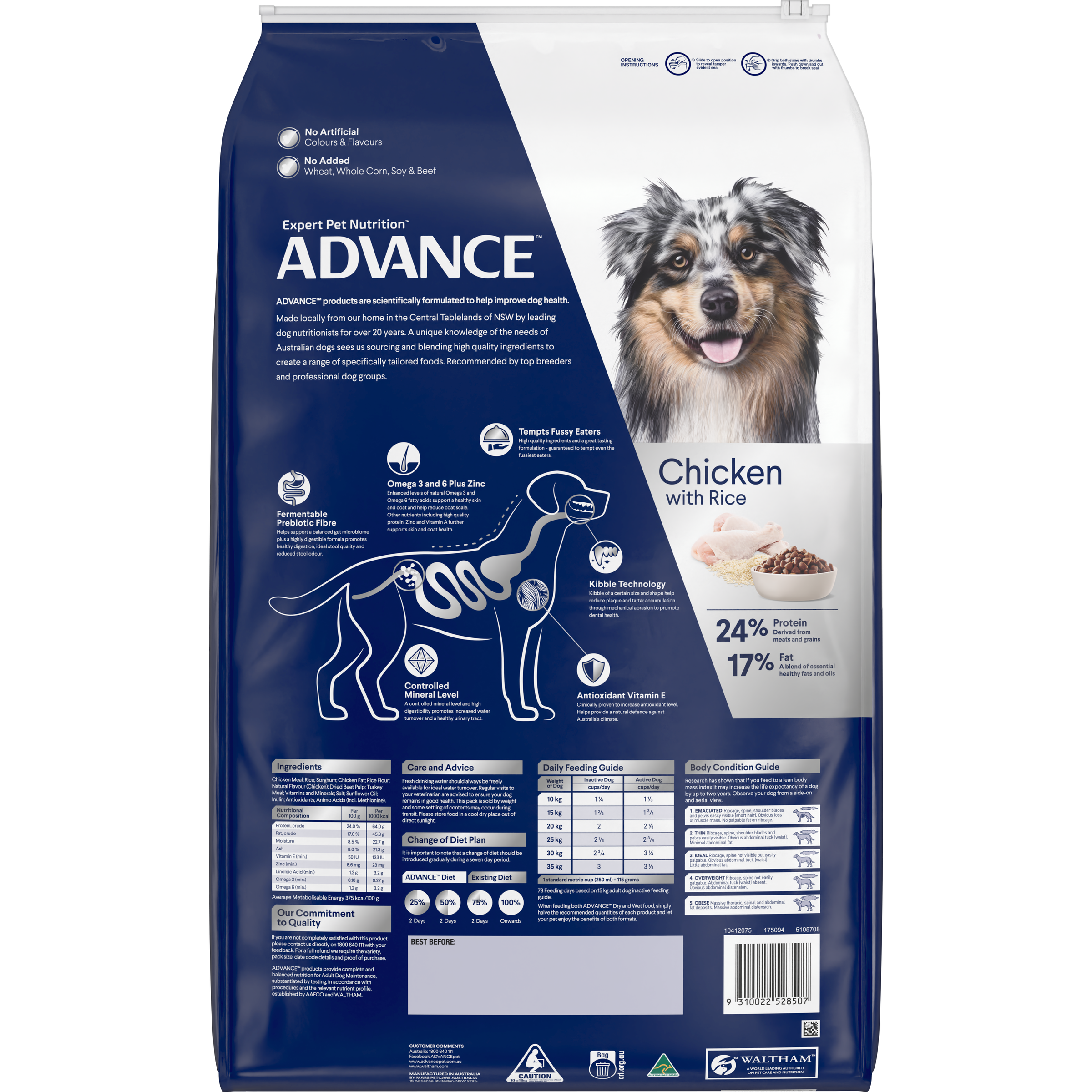 Back of the ADVANCE Adult Medium Breed Chicken with Rice dry dog food bag