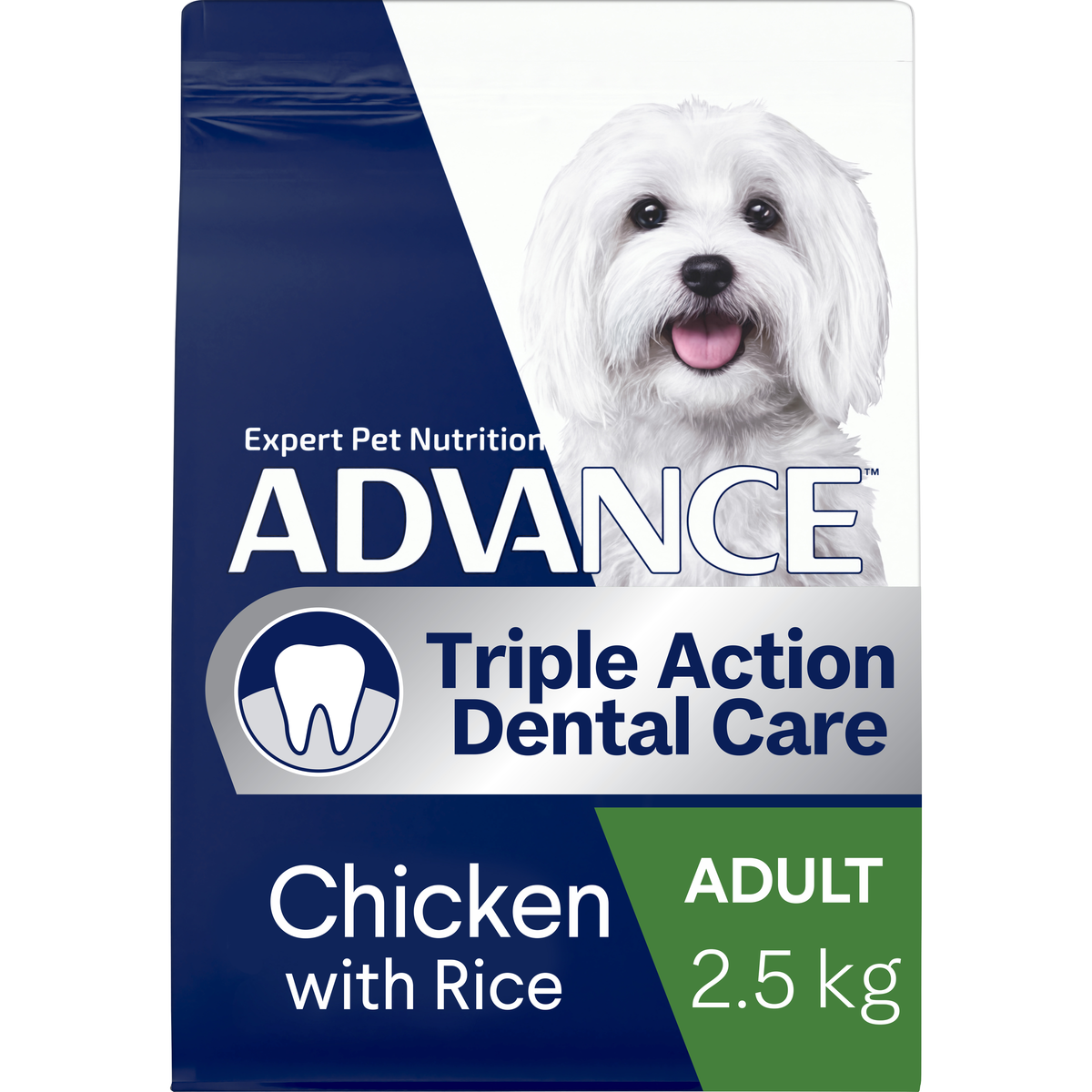 ADVANCE Triple Action Dental Care Small Breed Chicken with Rice 2.5kg bag, angled front view