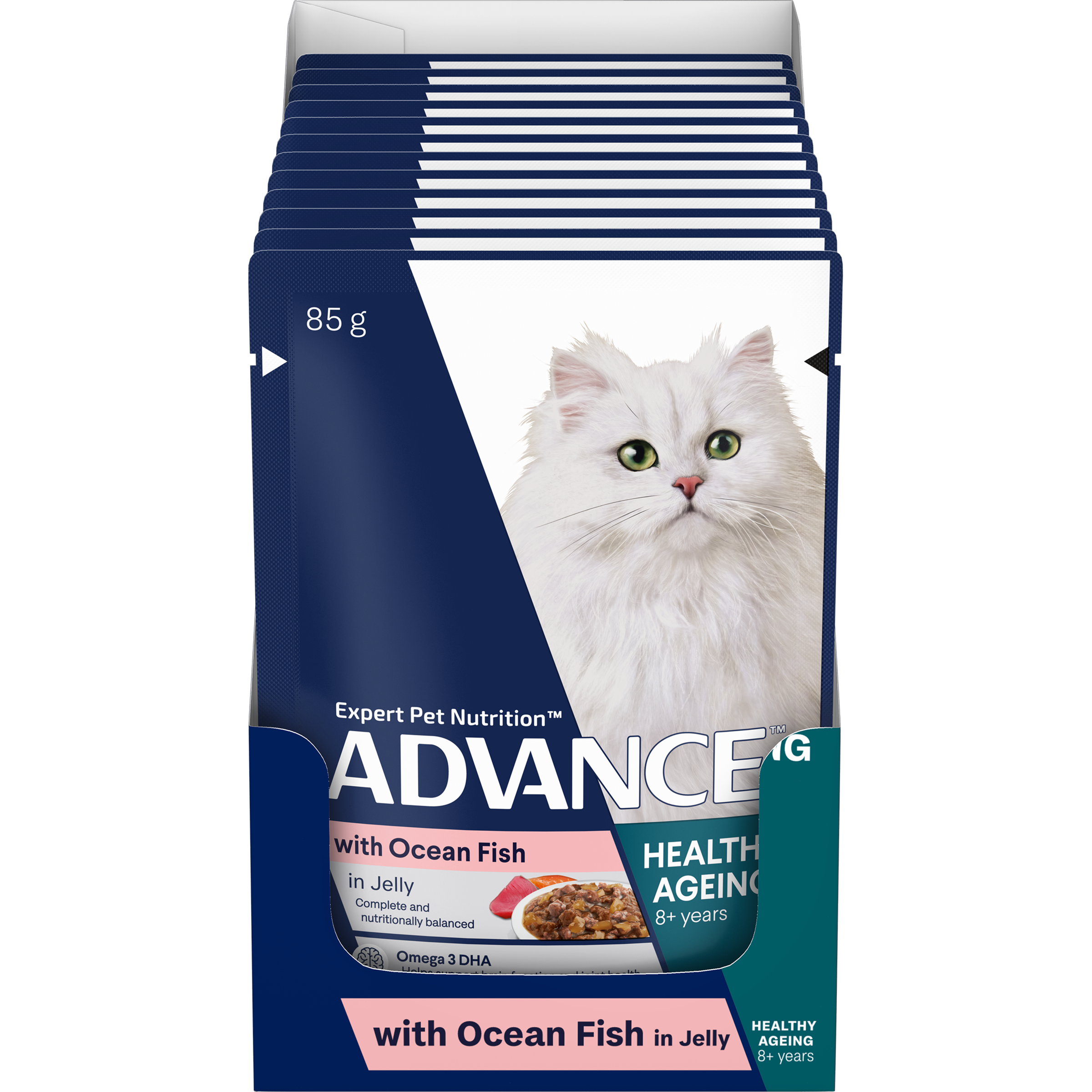 ADVANCE Healthy Ageing Wet Cat Food Ocean Fish In Jelly 12x85g Pouches front of pack