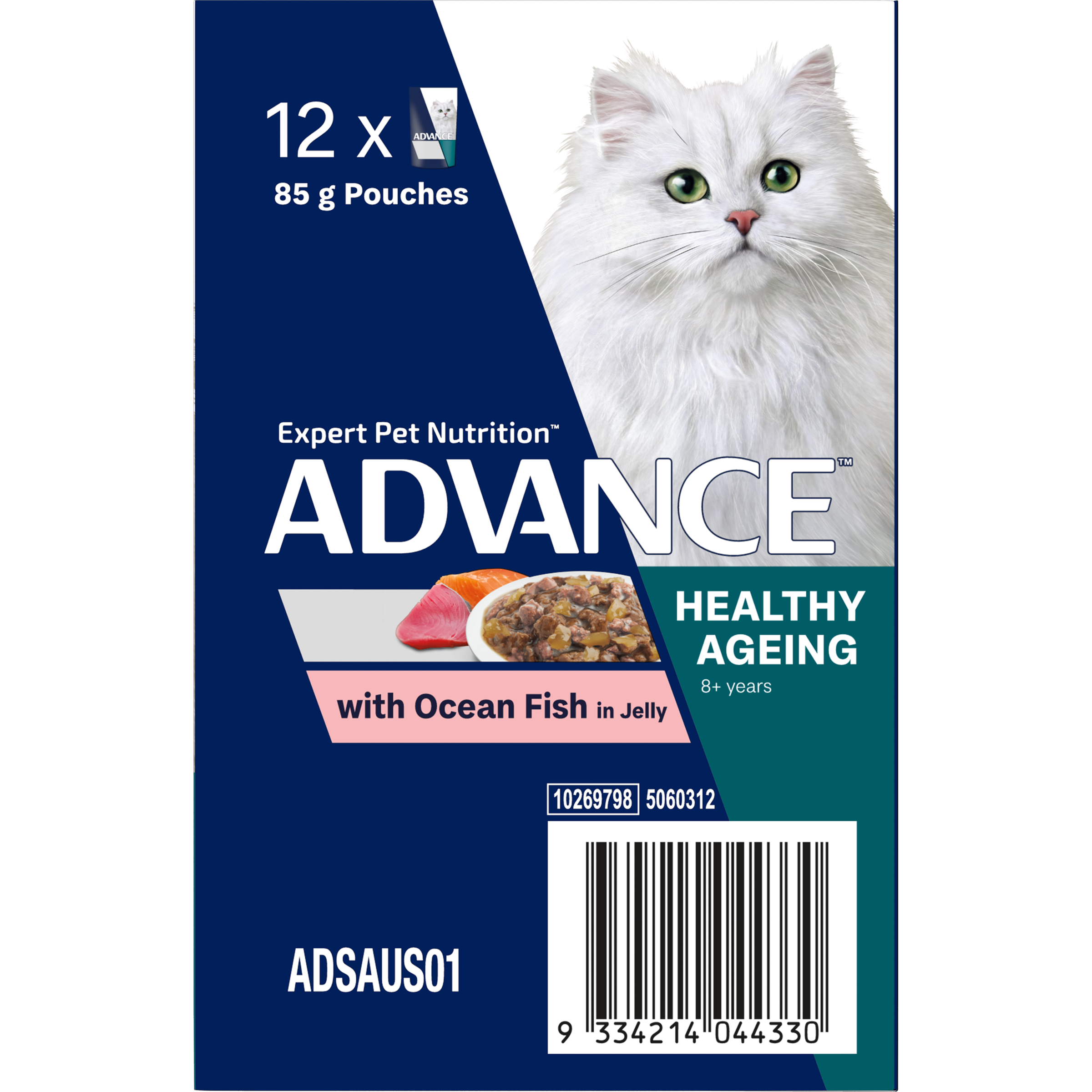 ADVANCE Healthy Ageing Wet Cat Food Ocean Fish In Jelly 12x85g Pouches back of pack