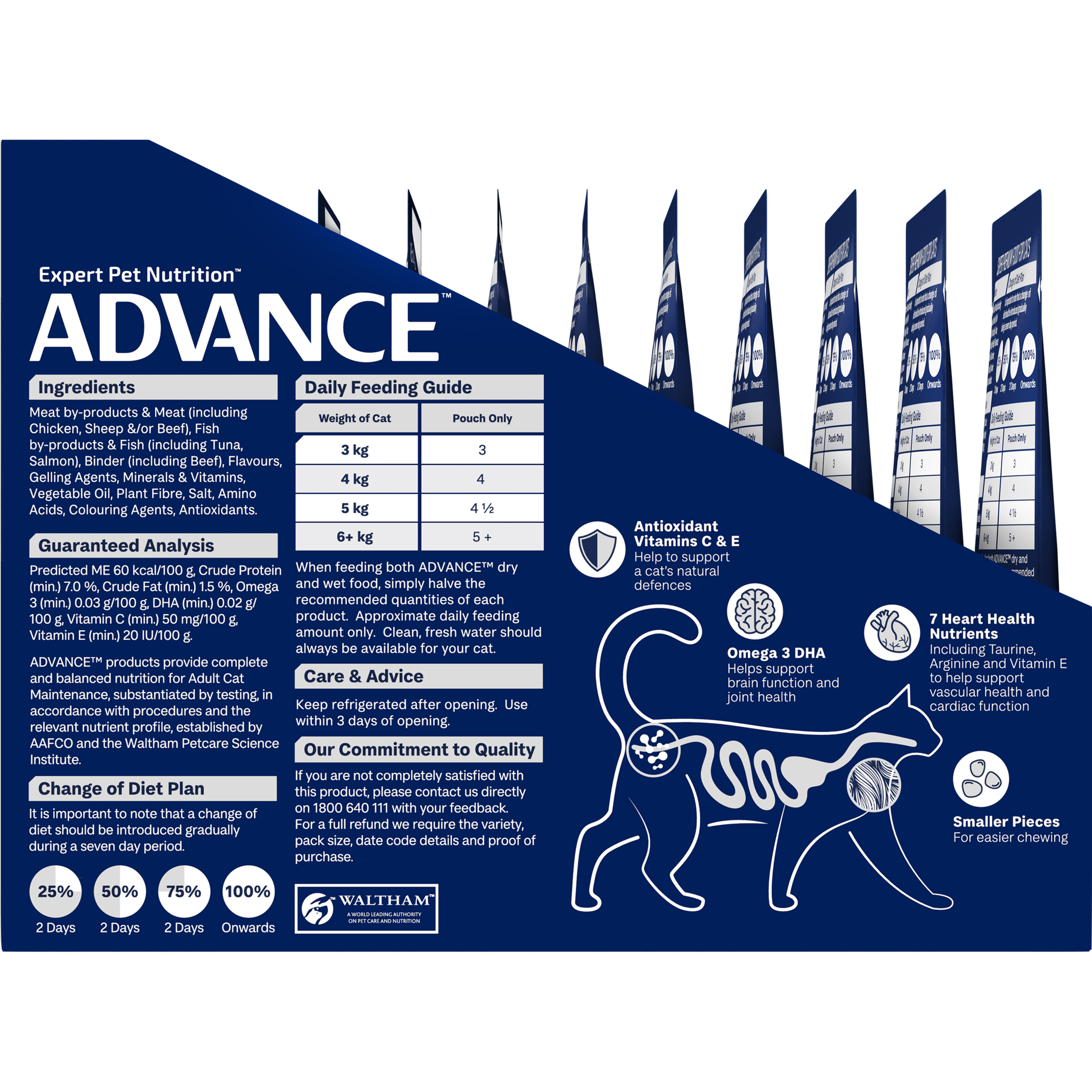 ADVANCE Healthy Ageing Wet Cat Food Ocean Fish In Jelly 12x85g Pouches left side of pack