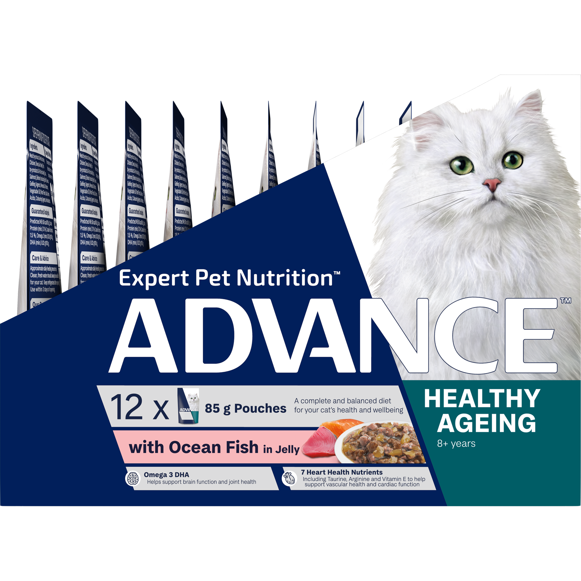 ADVANCE Healthy Ageing Wet Cat Food Ocean Fish In Jelly 12x85g Pouches right side of pack