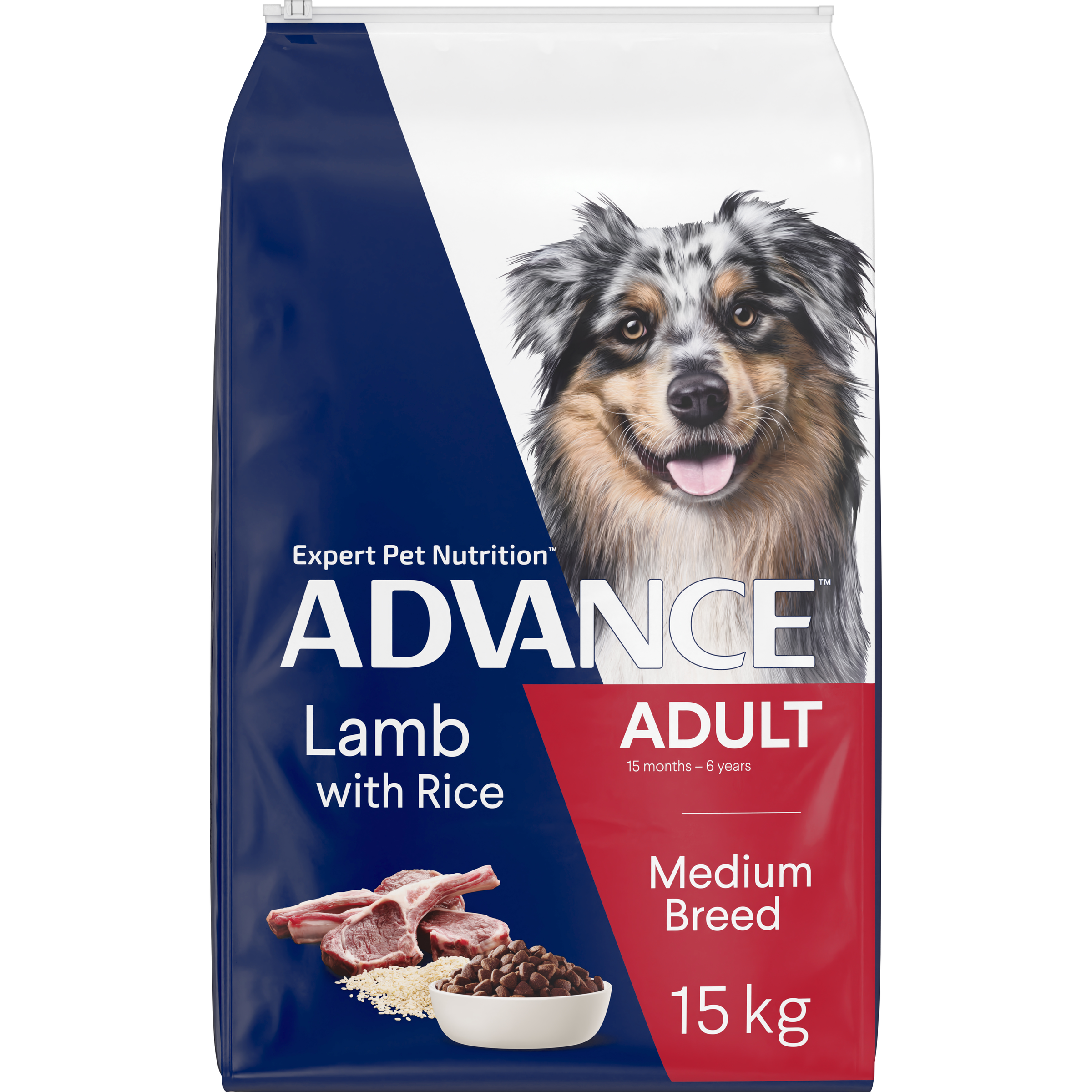 ADVANCE Adult Medium Breed Lamb with Rice 15kg bag, angled front view