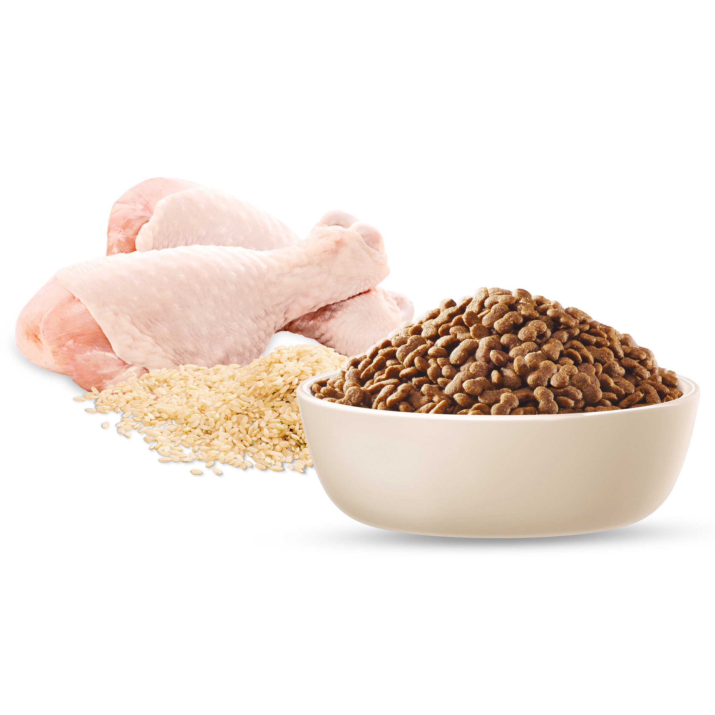 Raw chicken, rice and ADVANCE Healthy Ageing Small Breed kibble in a bowl