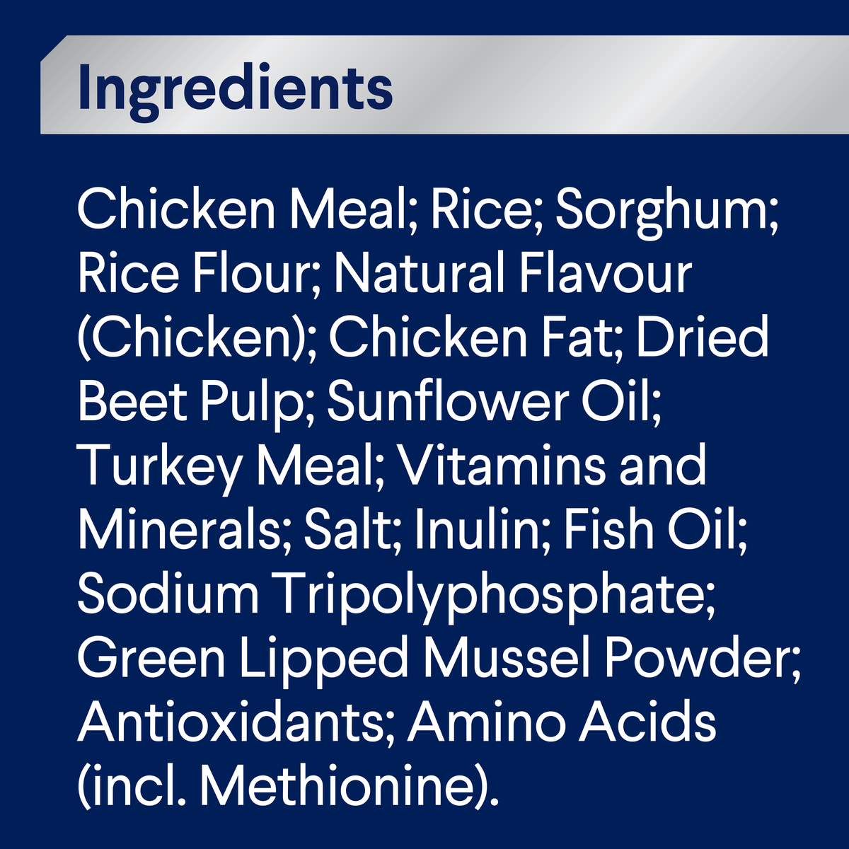 ADVANCE Healthy Ageing Small Breed Chicken with Rice ingredients panel