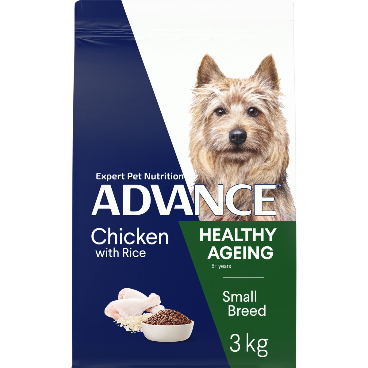 ADVANCE Healthy Ageing Small Breed Chicken with Rice 3kg bag, angled front view