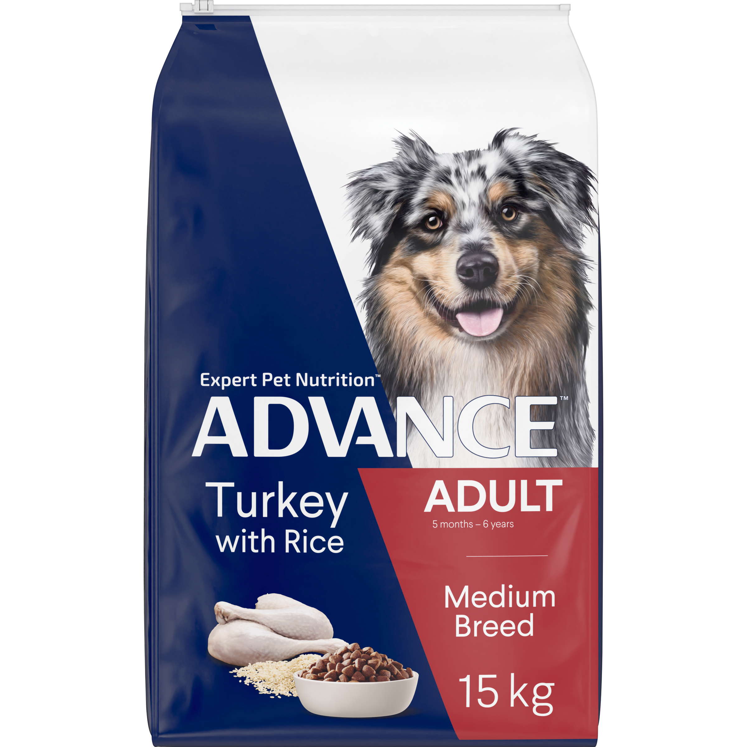 ADVANCE Adult Medium Breed Turkey with Rice 15kg bag, angled front view