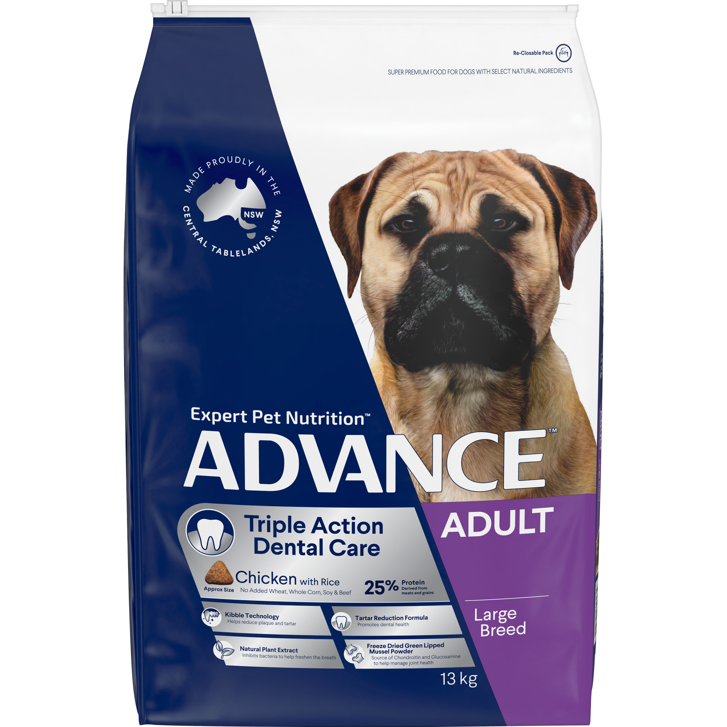 ADVANCE Triple Action Dental Care Large Adult Dry Dog Food Chicken with Rice front of pack