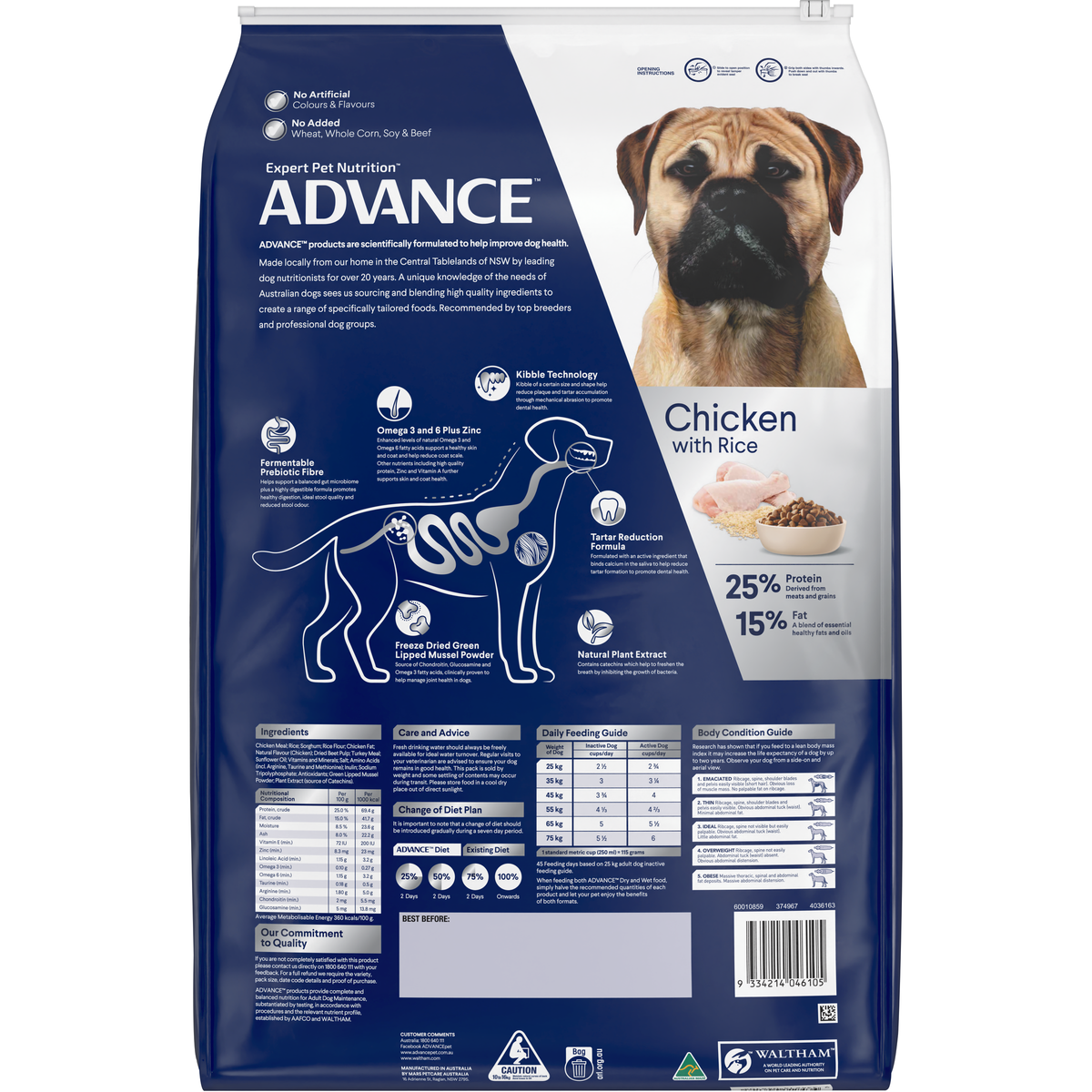 Back of the ADVANCE Triple Action Dental Care Large Breed Chicken with Rice bag