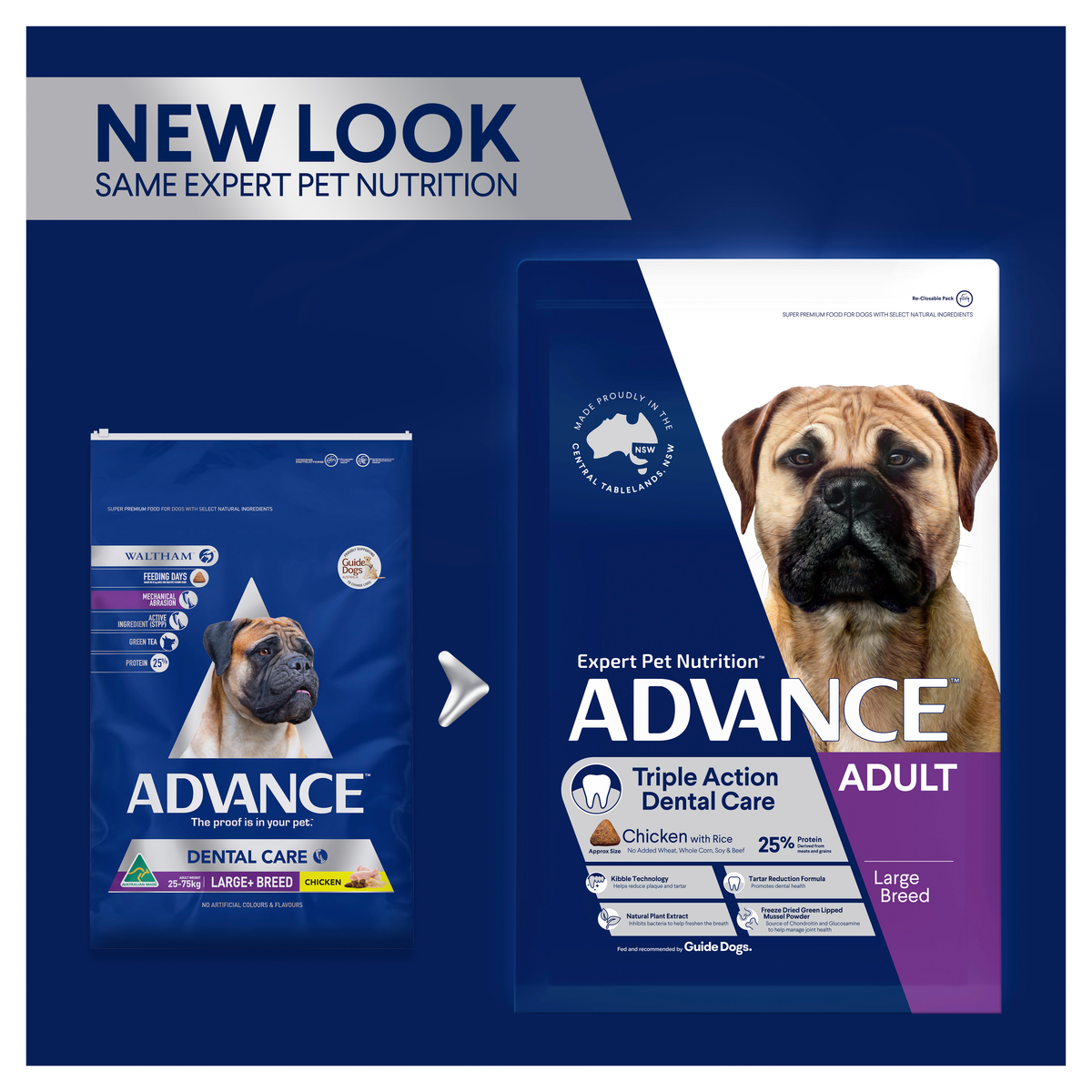 ADVANCE packaging update: old and new Triple Action Dental Care Large Breed bags side by side