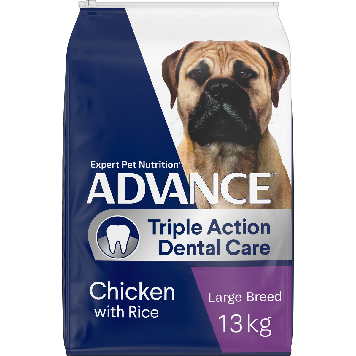 ADVANCE Triple Action Dental Care Large Breed Chicken with Rice 13kg bag, angled front view