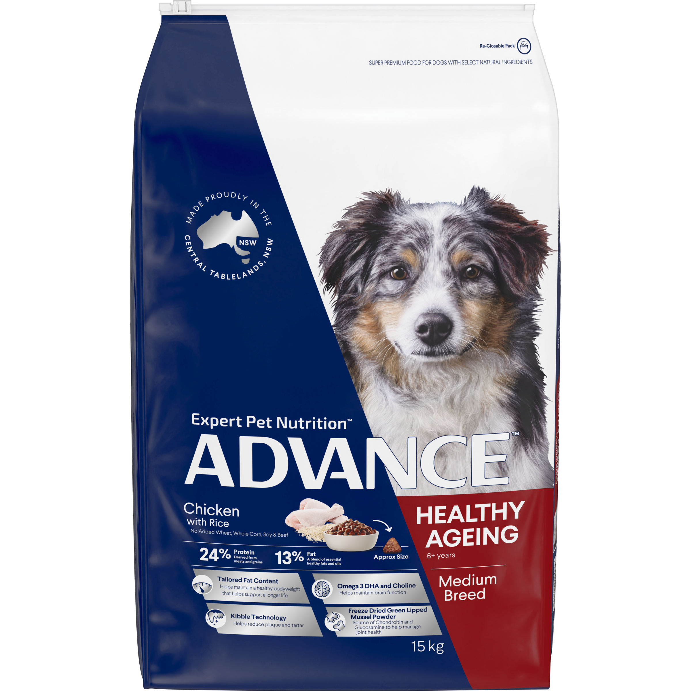ADVANCE Medium Healthy Ageing Dry Dog Food Chicken with Rice front of pack