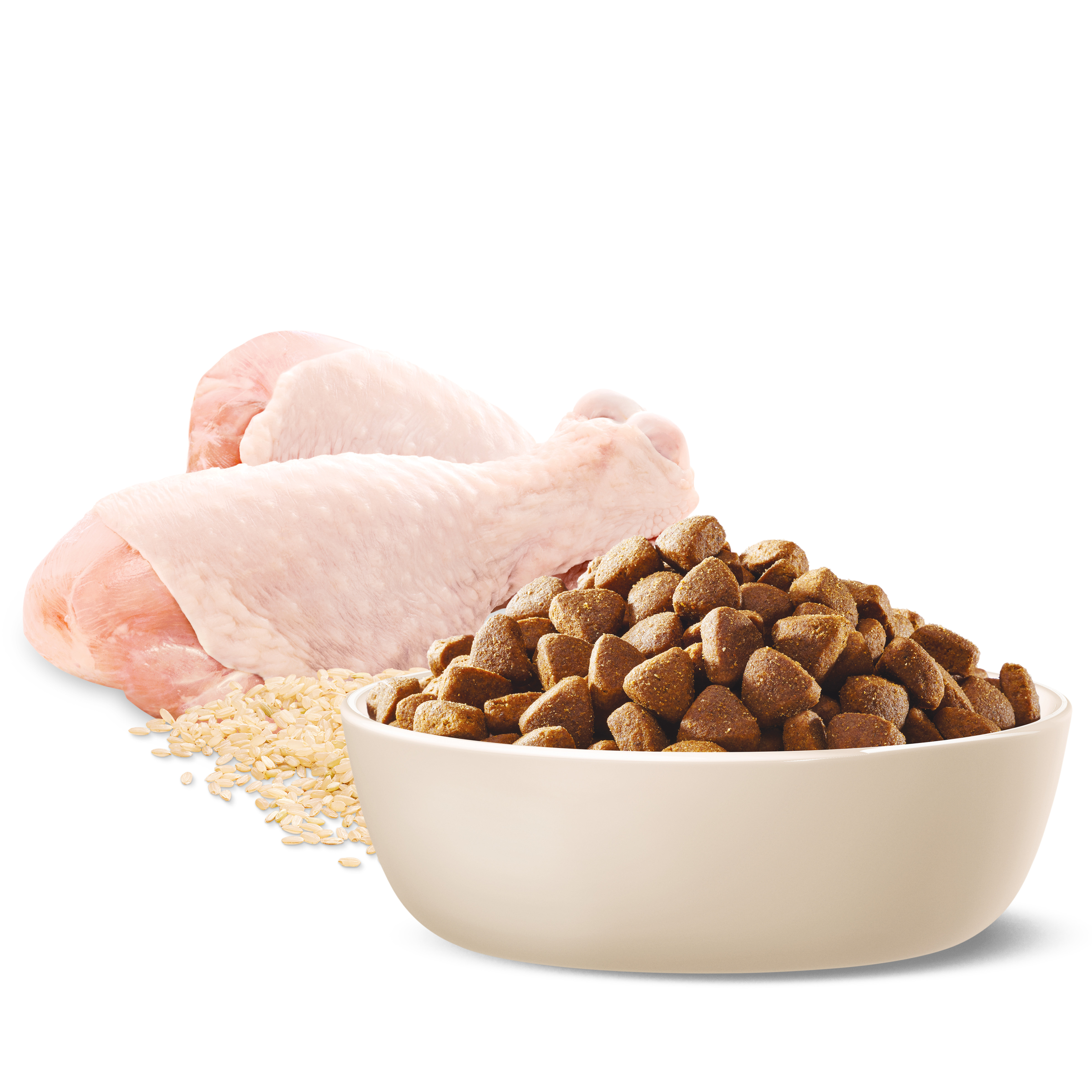Raw chicken, rice and ADVANCE Healthy Ageing Medium Breed kibble in a bowl