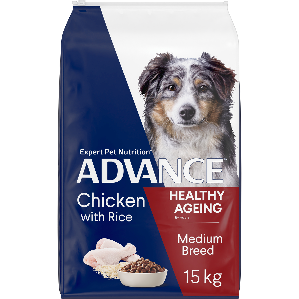 ADVANCE Healthy Ageing Medium Breed Chicken with Rice 15kg bag, angled front view