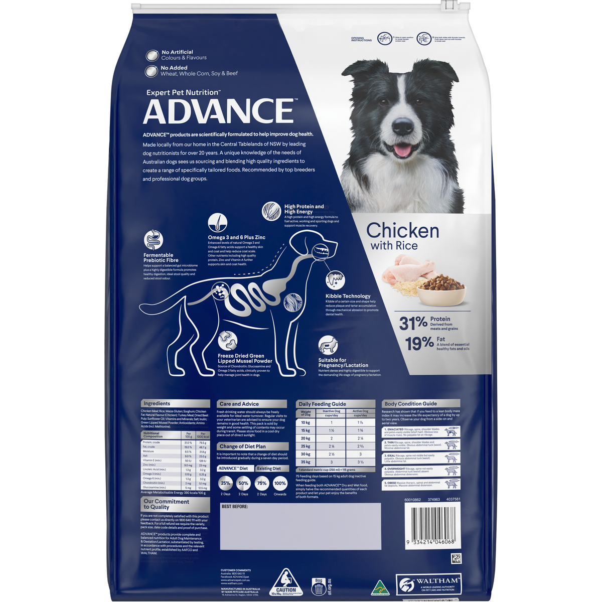 Back of the ADVANCE Active Adult Chicken with Rice dry dog food bag