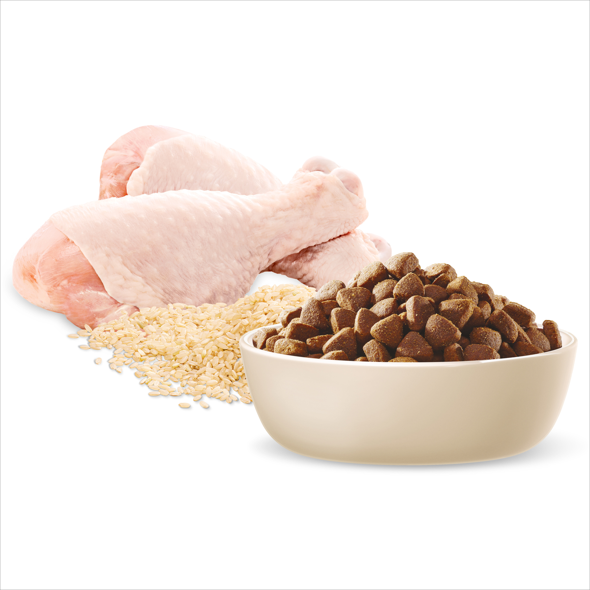 Raw chicken, rice and ADVANCE Active Adult kibble in a bowl