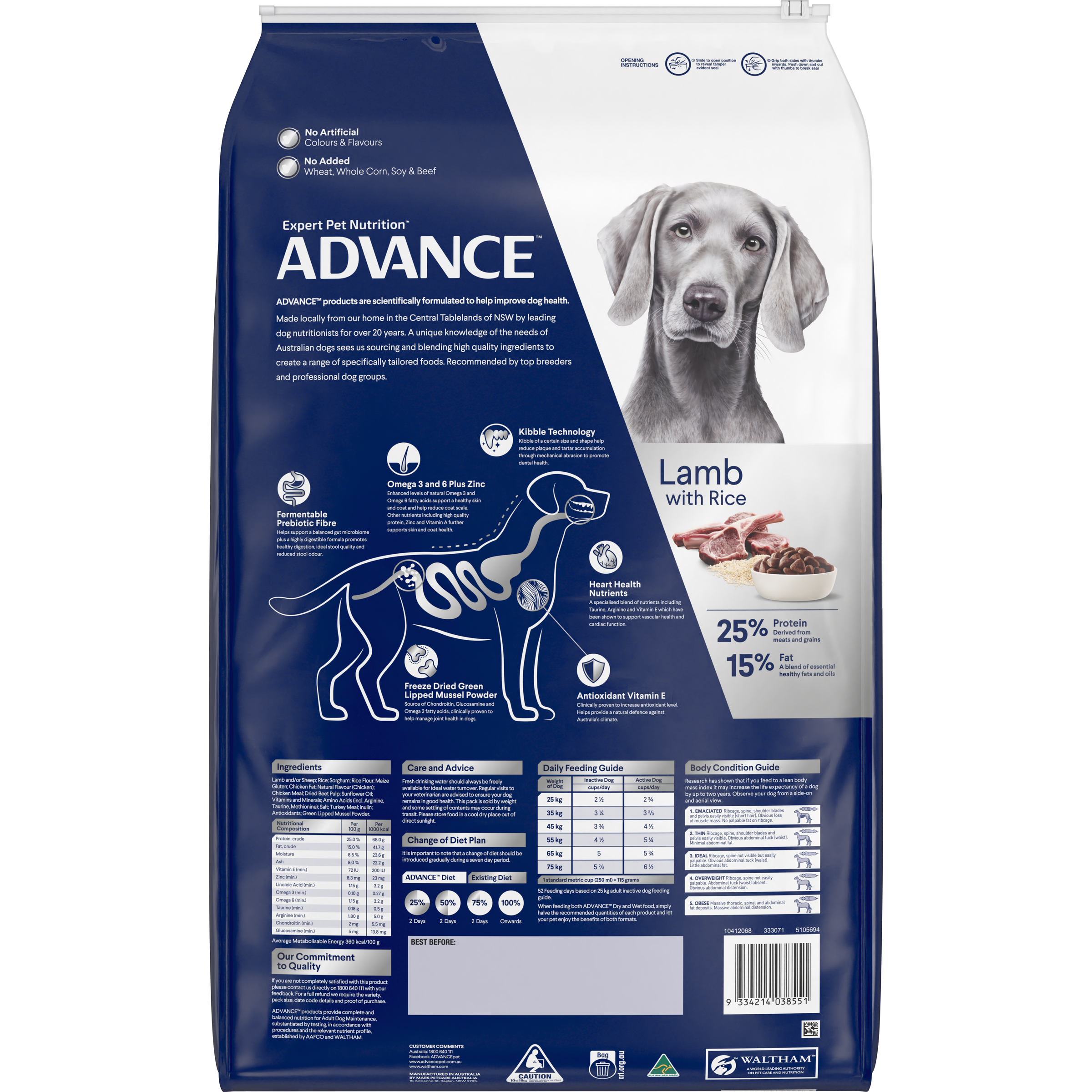 Back of the ADVANCE Adult Large Breed Lamb with Rice dry dog food bag