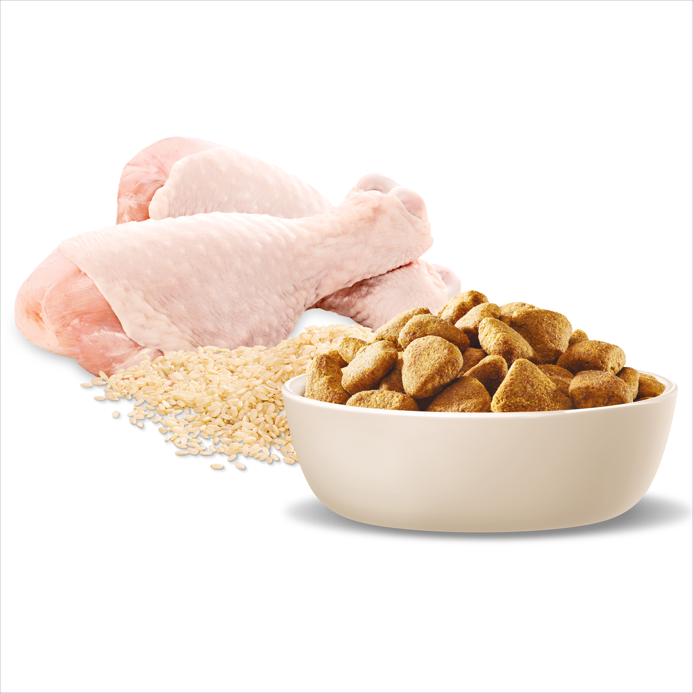 Raw chicken, rice and ADVANCE Healthy Weight Large Breed kibble in a bowl
