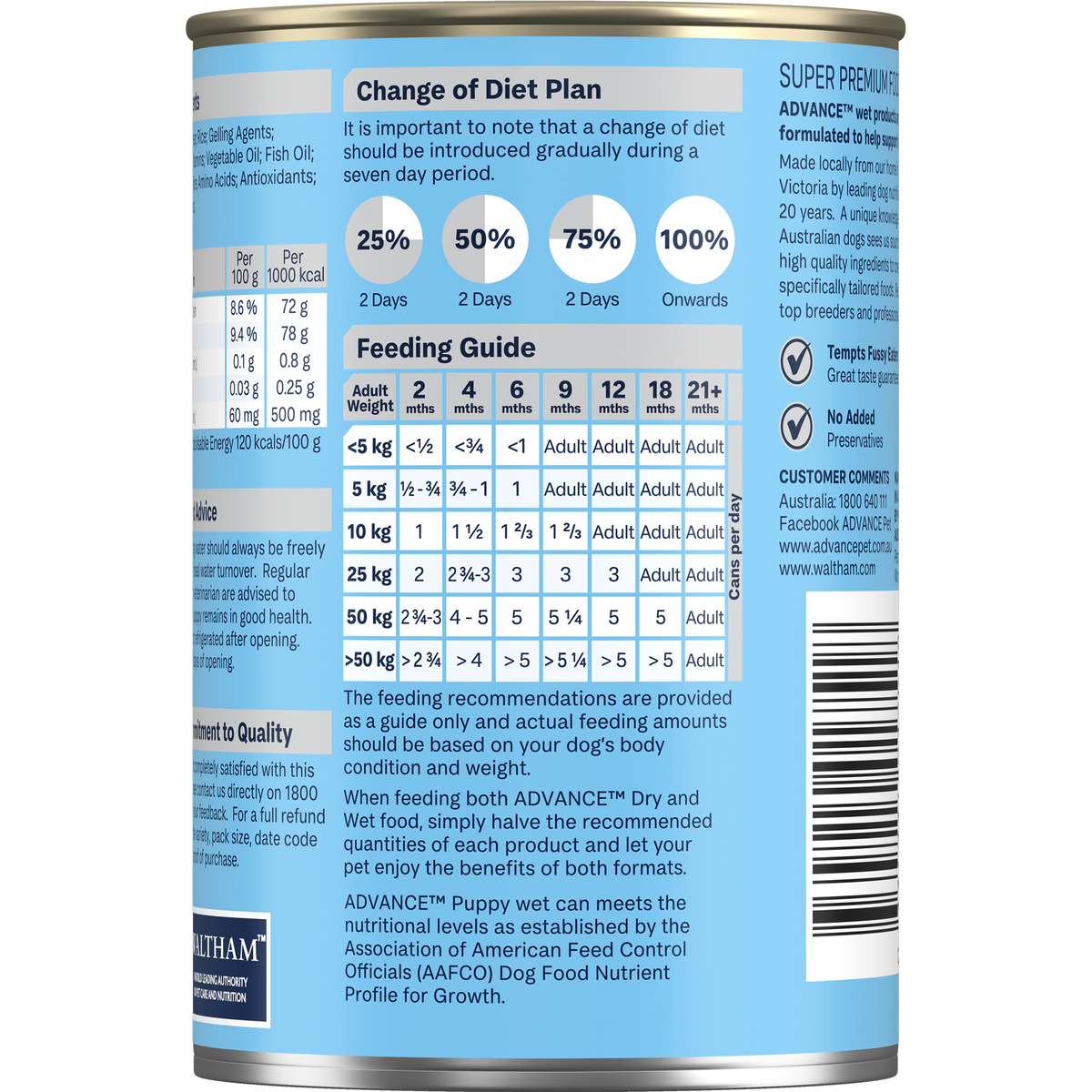 Back of the ADVANCE Puppy Chicken with Rice 410g can