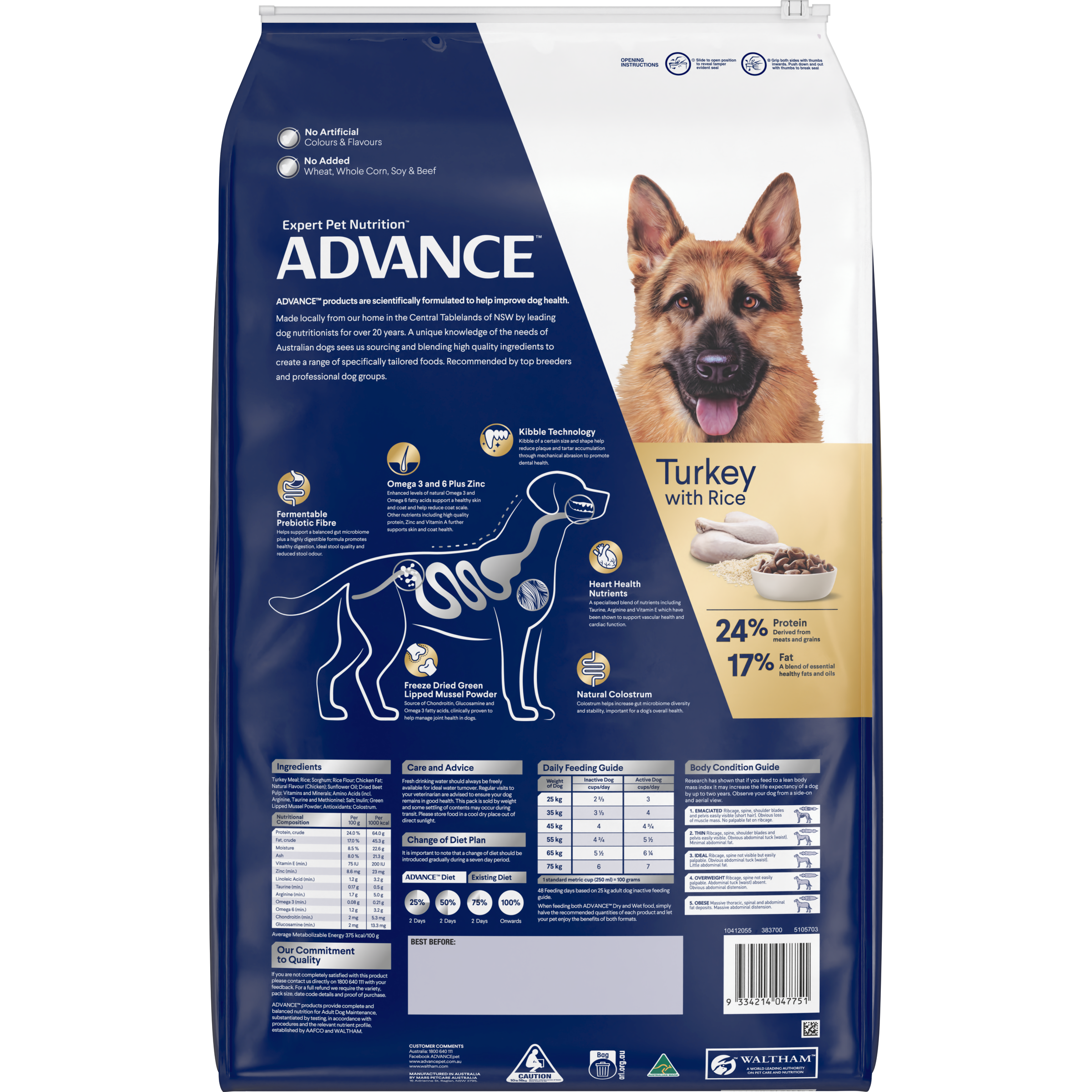 Back of the ADVANCE for all Shepherds Turkey with Rice dry dog food bag