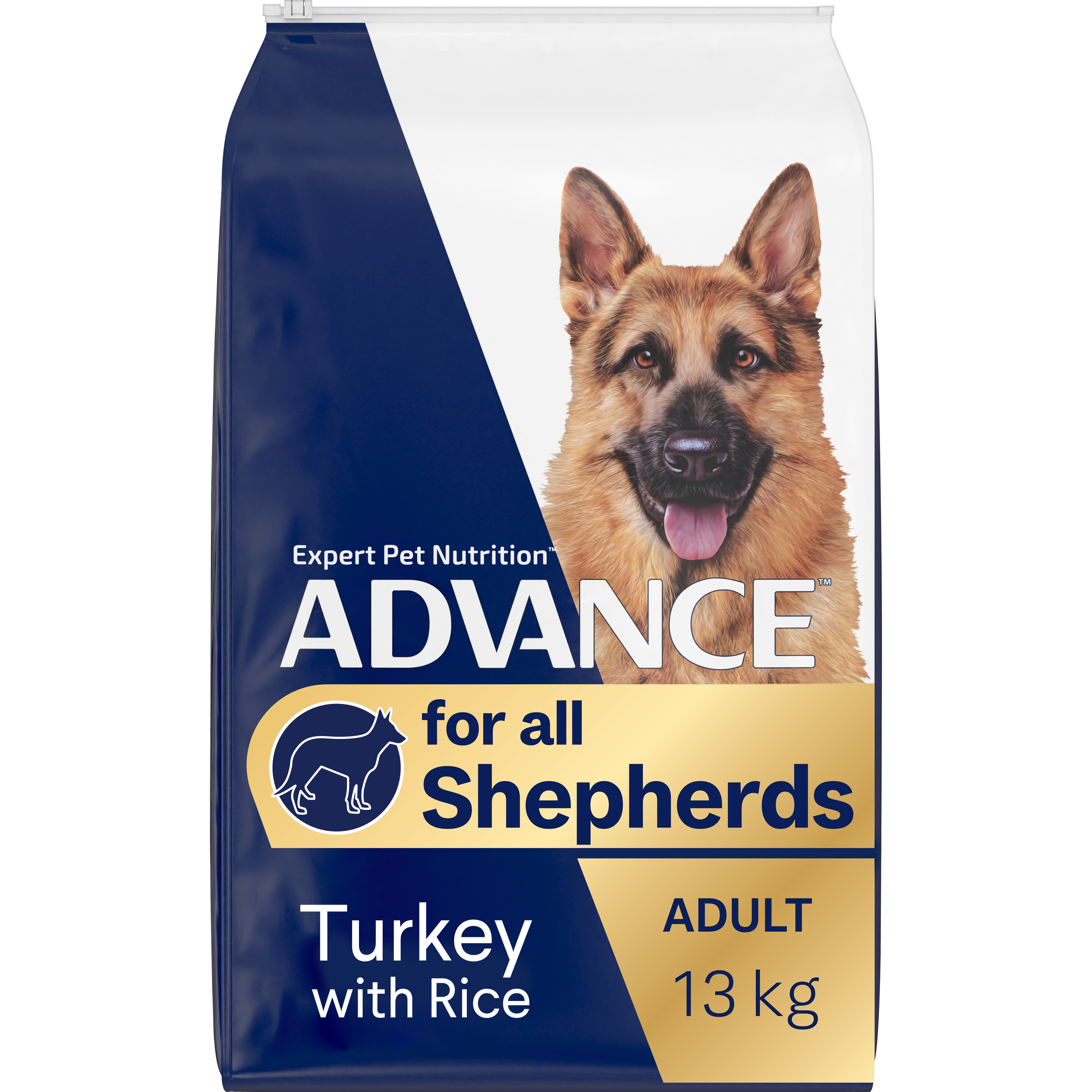 ADVANCE for all Shepherds Adult Turkey with Rice 13kg bag, angled front view