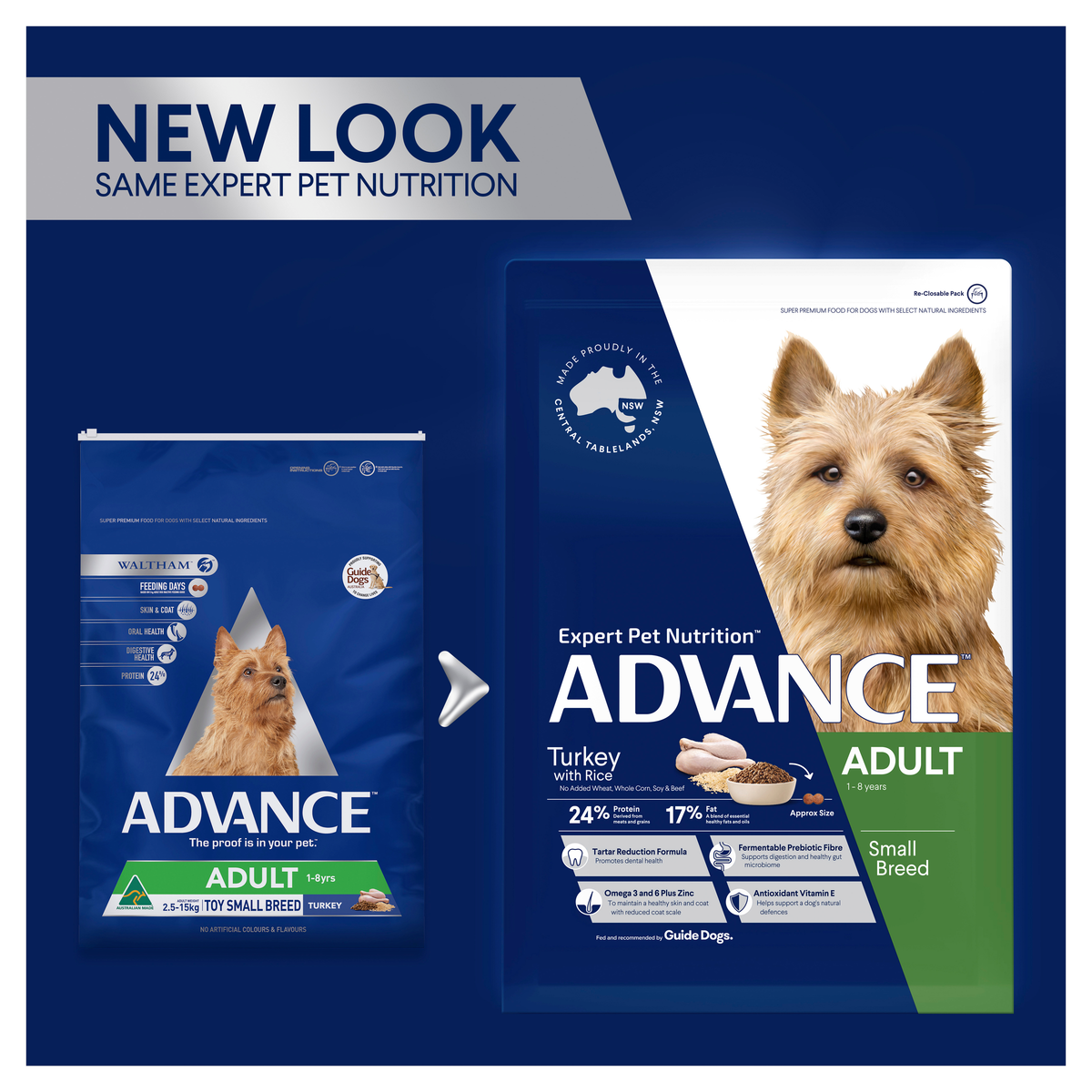 ADVANCE packaging update: old and new Adult Small Breed Turkey with Rice bags side by side