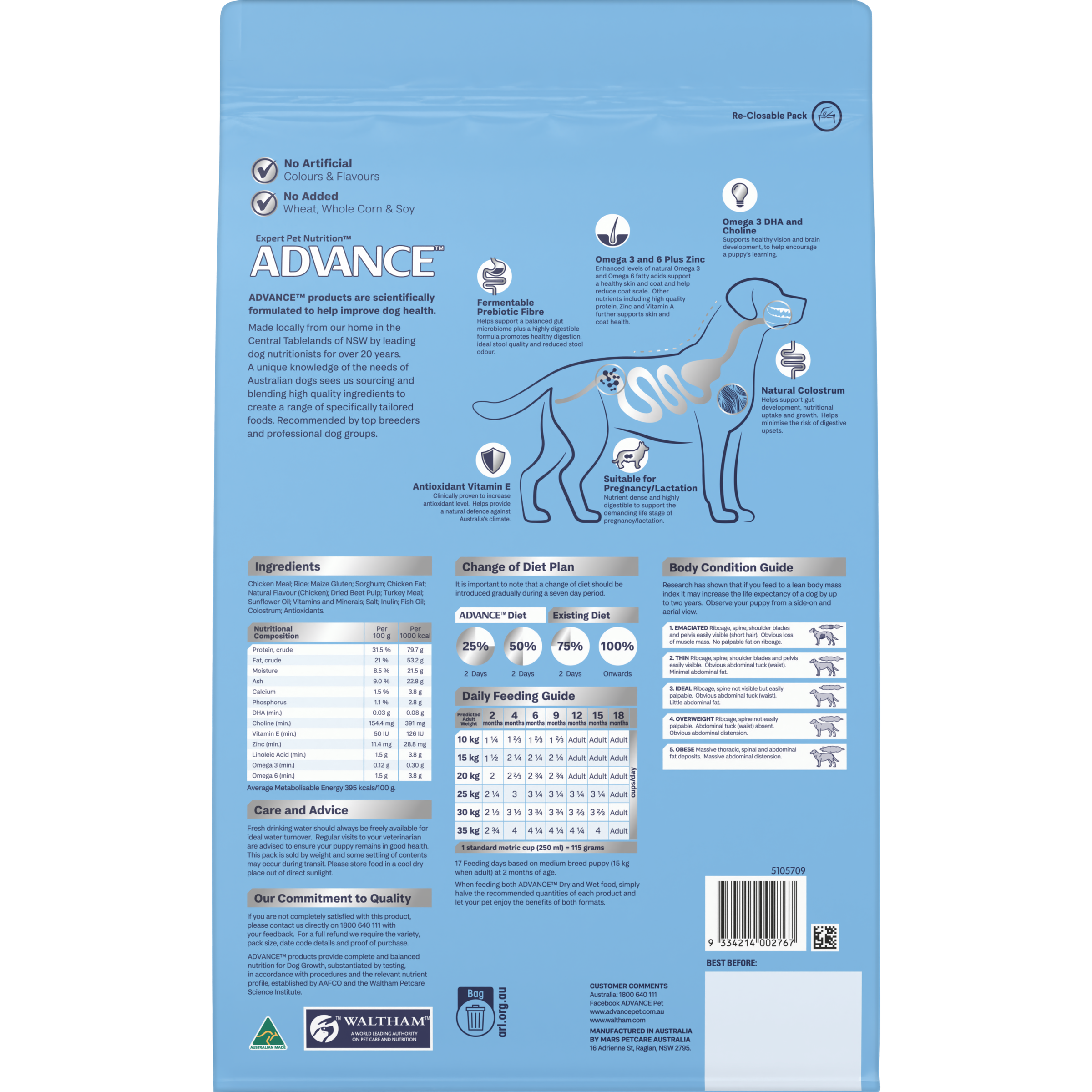 Back of the ADVANCE Puppy Medium Breed Chicken with Rice dry dog food bag