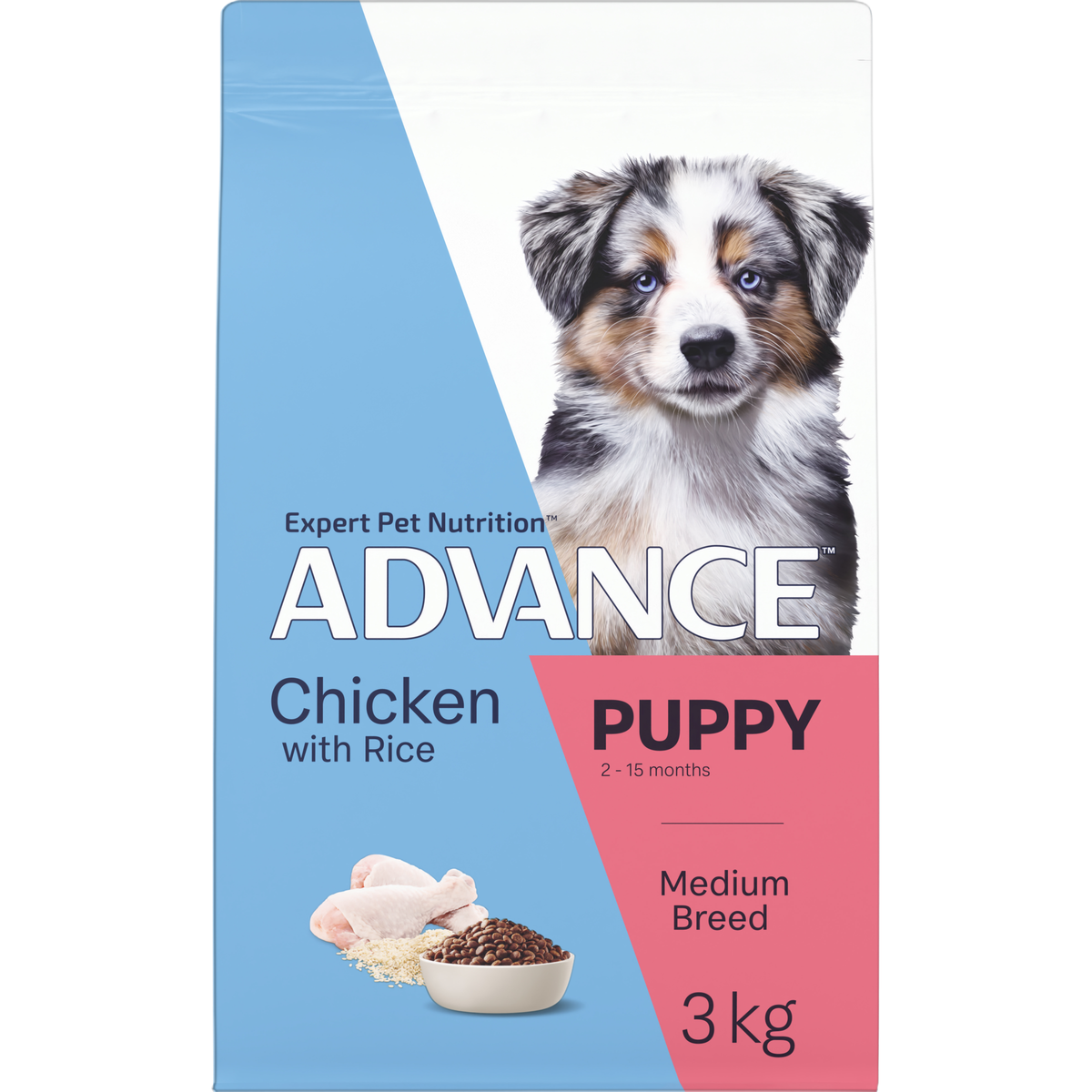 ADVANCE Puppy Medium Breed Chicken with Rice 3kg bag, angled front view