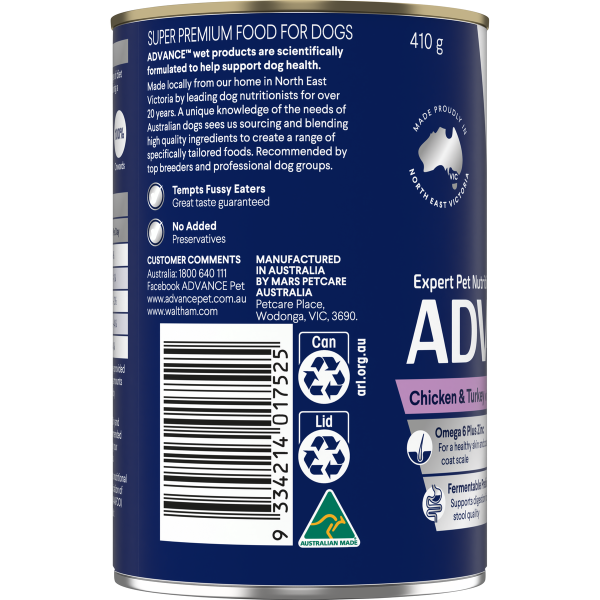 Side of the ADVANCE Adult Chicken and Turkey with Rice can label