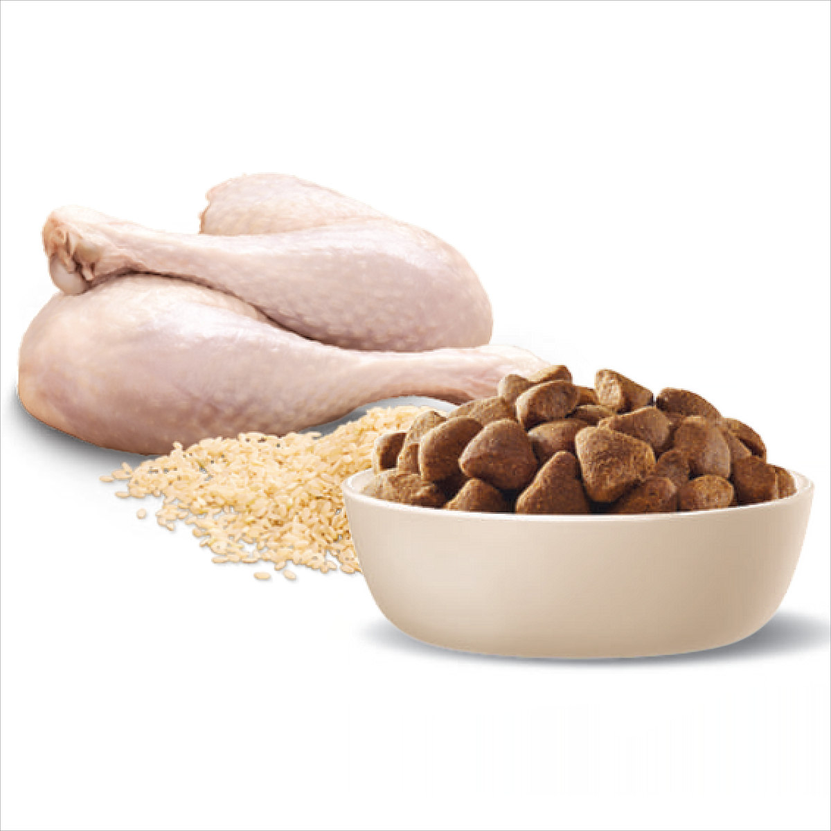 Raw poultry, rice and ADVANCE Adult Large Breed kibble in a bowl