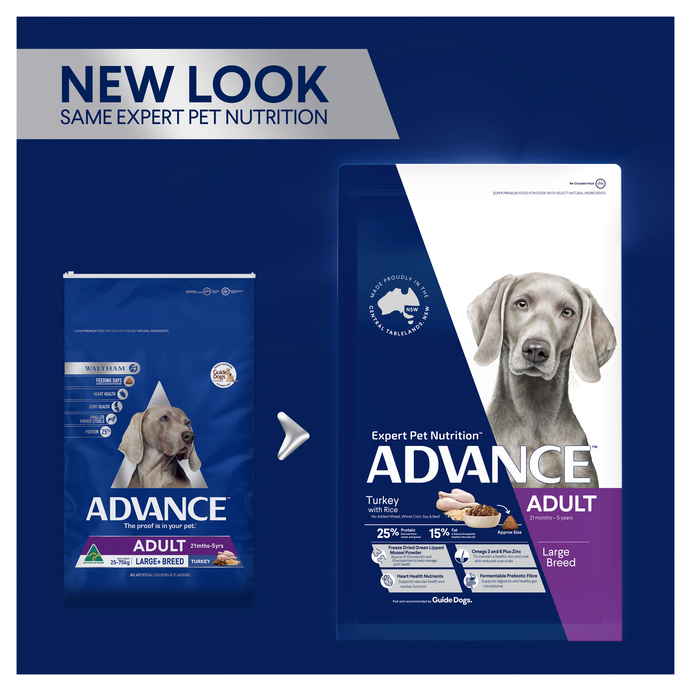 ADVANCE packaging update: old and new Adult Large Breed Turkey with Rice bags side by side