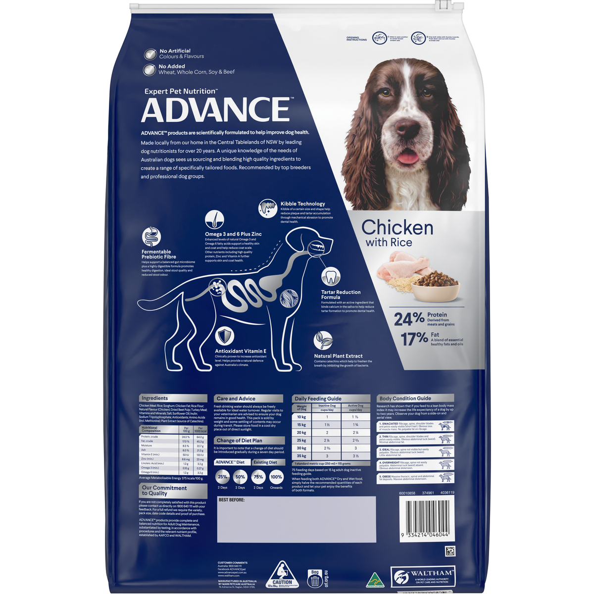 Back of the ADVANCE Triple Action Dental Care Medium Breed Chicken with Rice bag
